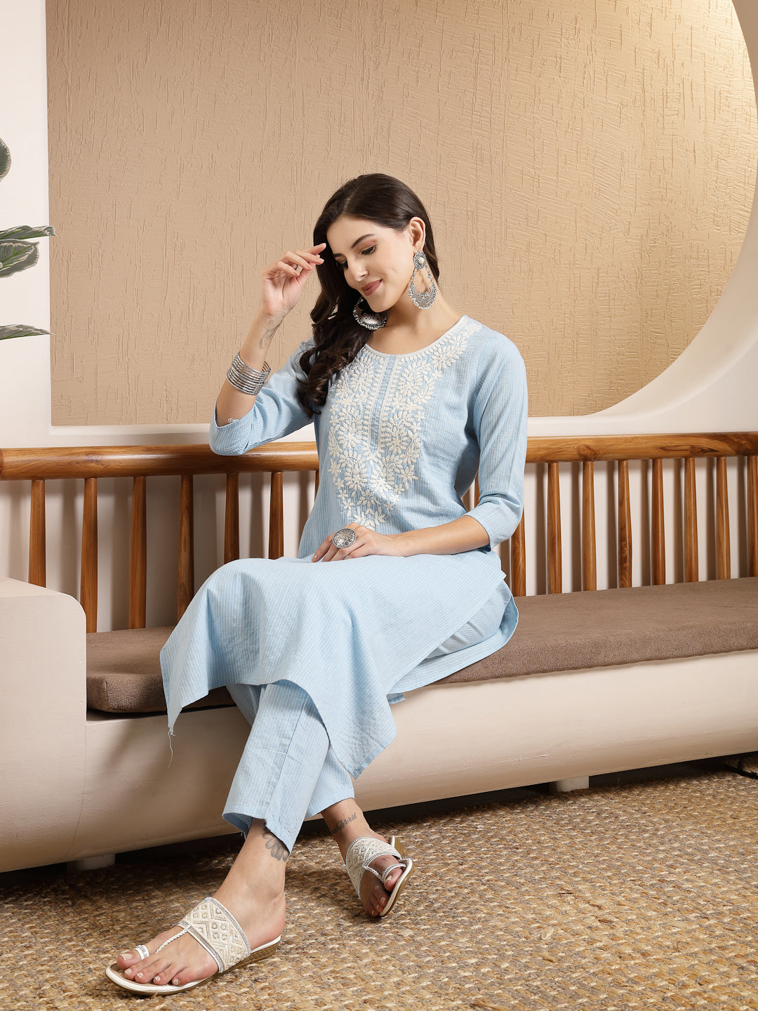 Sky Blue Woven Design & Embroidered Kantha Cotton Straight Kurta with Pant - Image 5