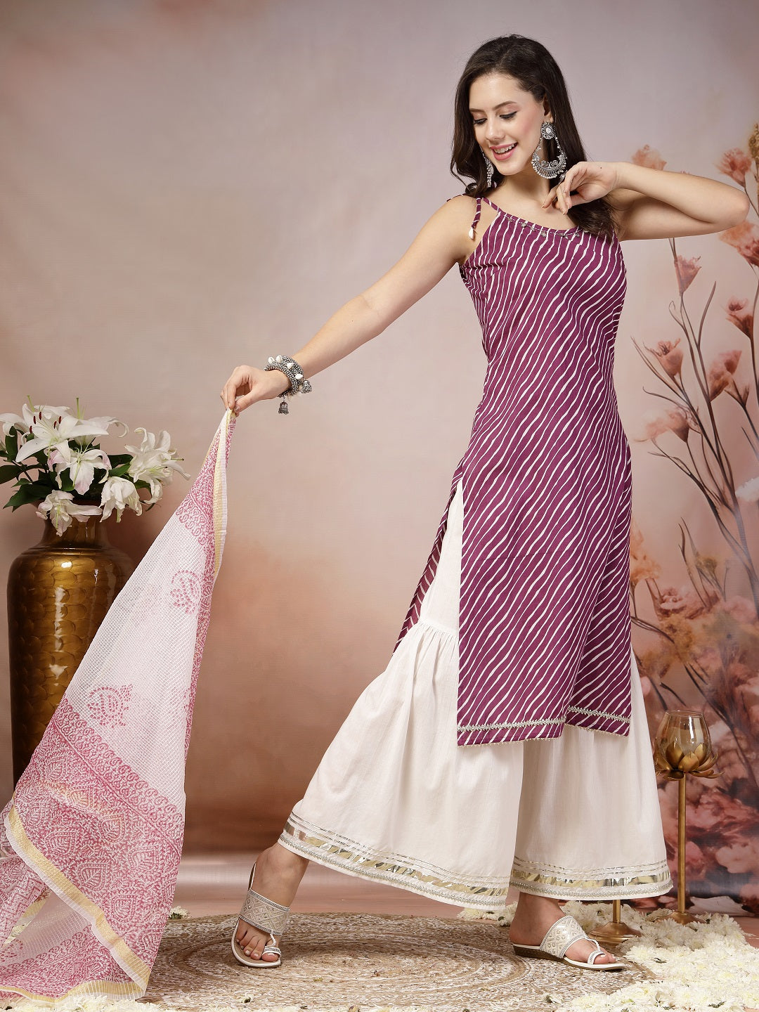 Wine Lehriya Printed Cotton Straight Kurta Sharara Dupatta Set - Image 3