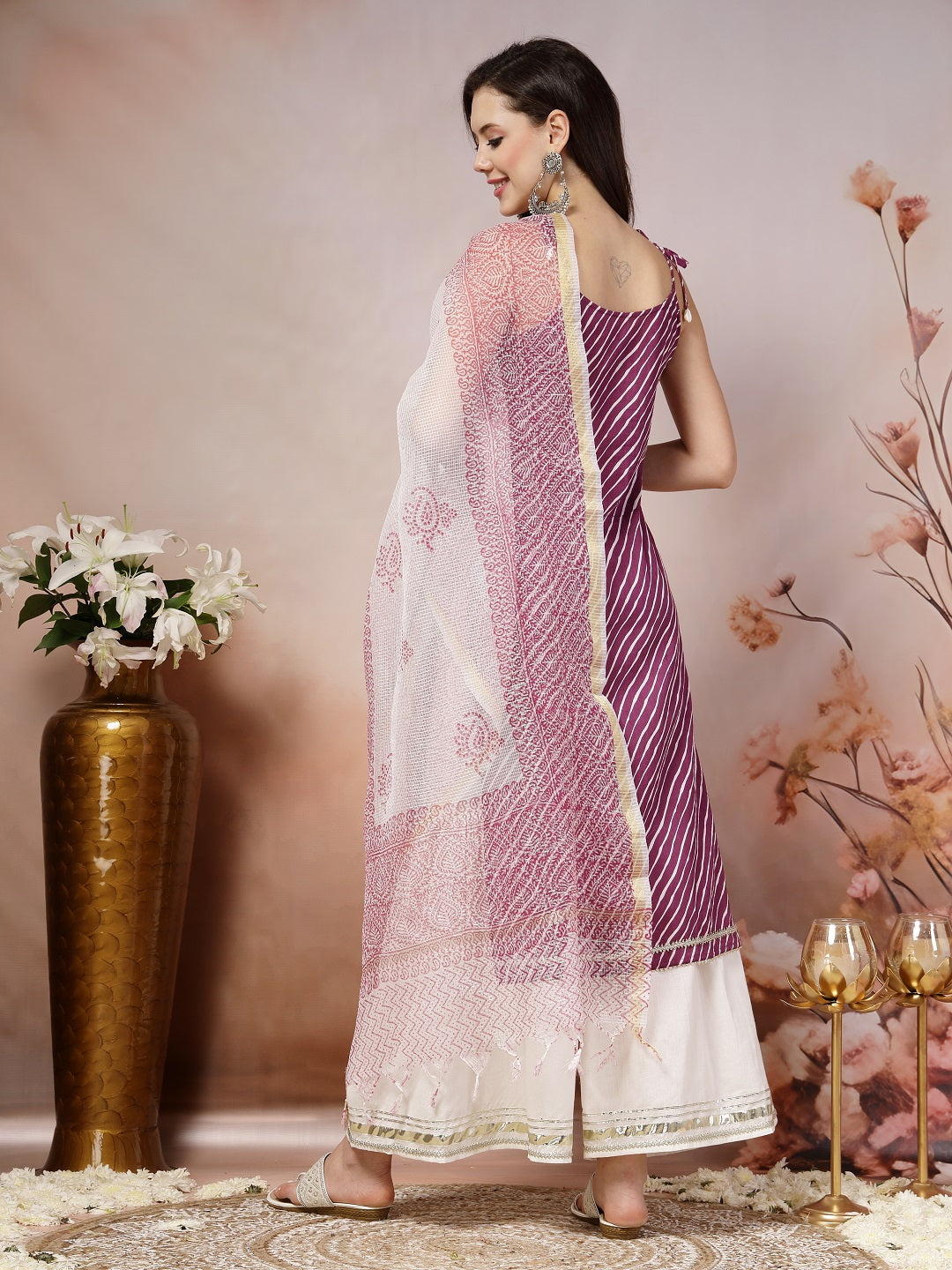 Wine Lehriya Printed Cotton Straight Kurta Sharara Dupatta Set - Image 4