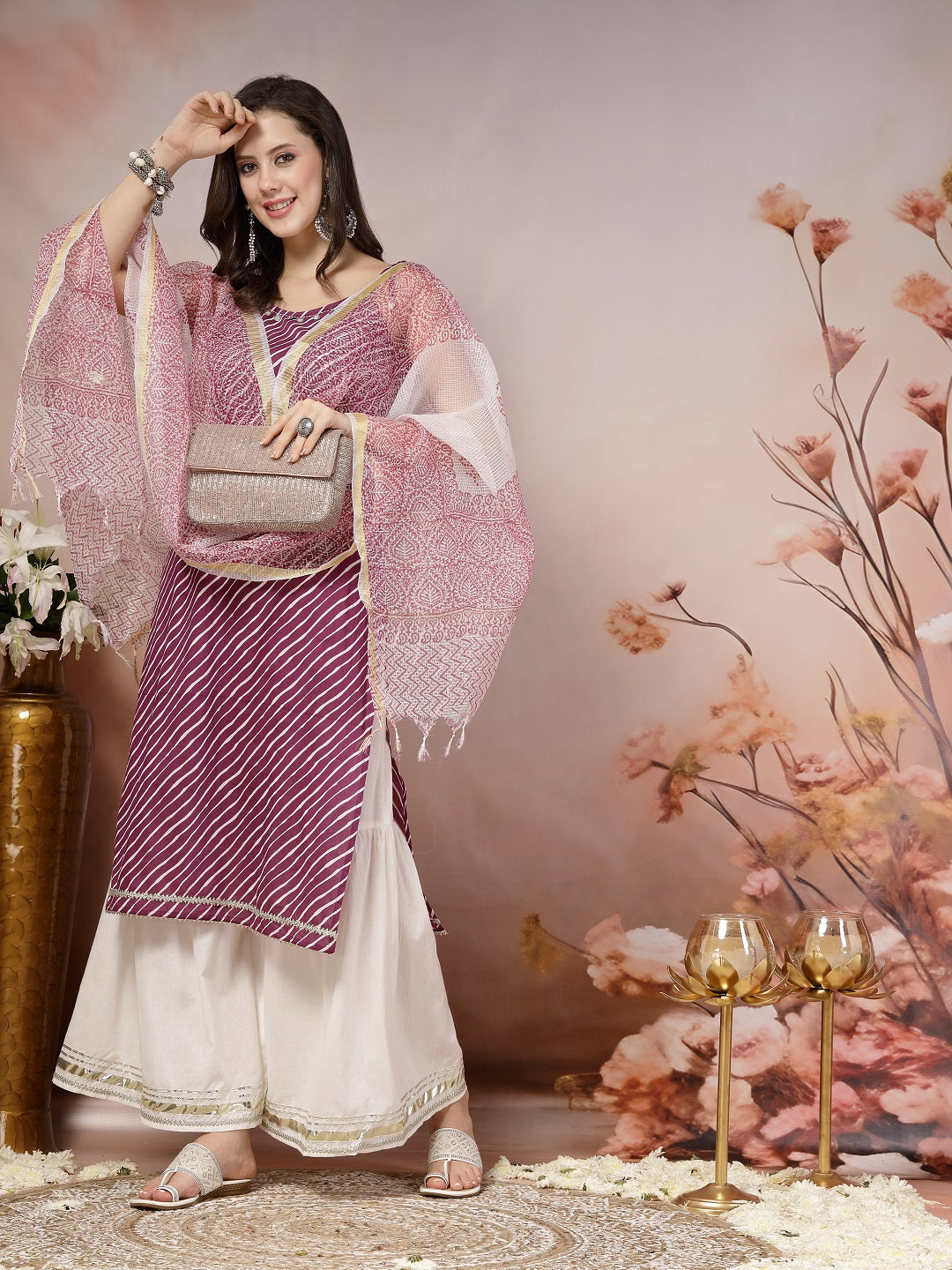 Wine Lehriya Printed Cotton Straight Kurta Sharara Dupatta Set - Image 5