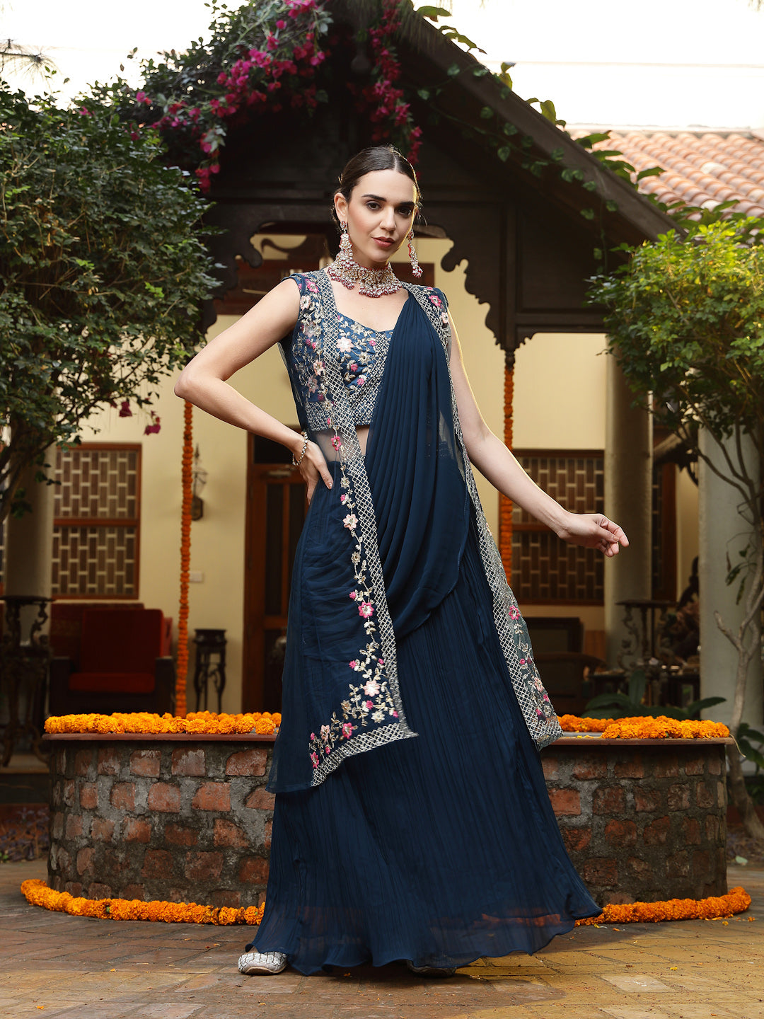 Teal Printed & Embroidered Georgette Draped Lehenga Saree & Blouse with Shrug