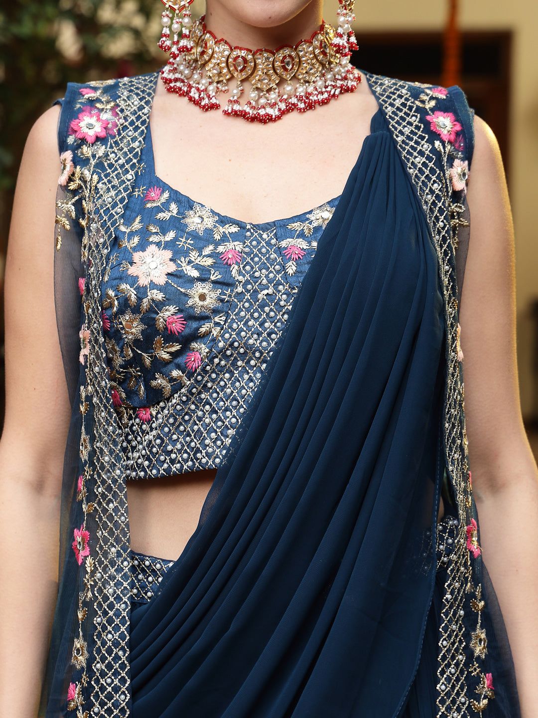 Teal Printed & Embroidered Georgette Draped Lehenga Saree & Blouse with Shrug - Image 2