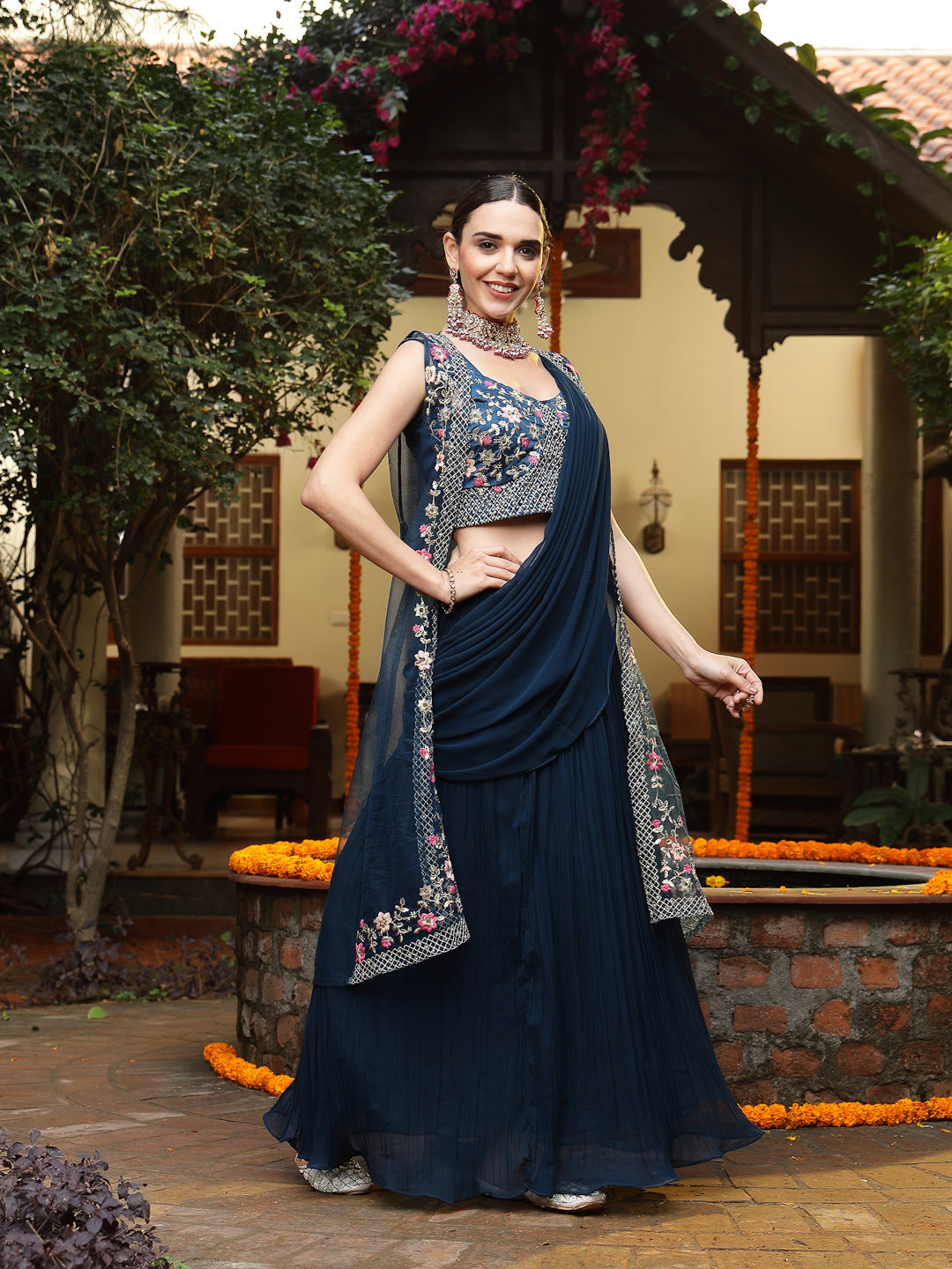 Teal Printed & Embroidered Georgette Draped Lehenga Saree & Blouse with Shrug - Image 3