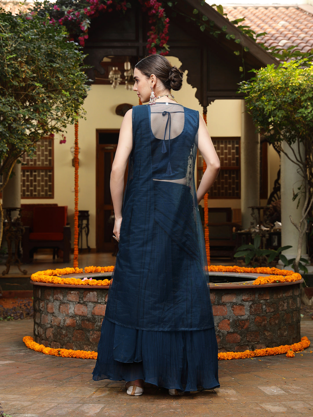 Teal Printed & Embroidered Georgette Draped Lehenga Saree & Blouse with Shrug - Image 4
