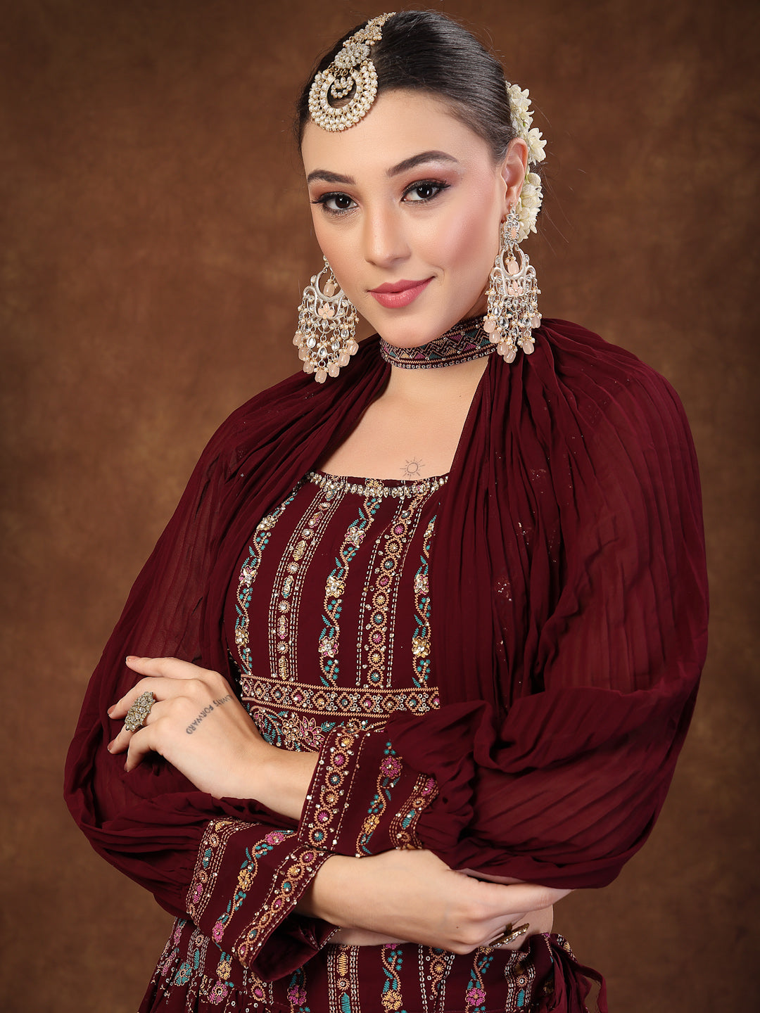 Wine Ethnic Motif Printed Georgette Lehenga & Blouse - Image 2