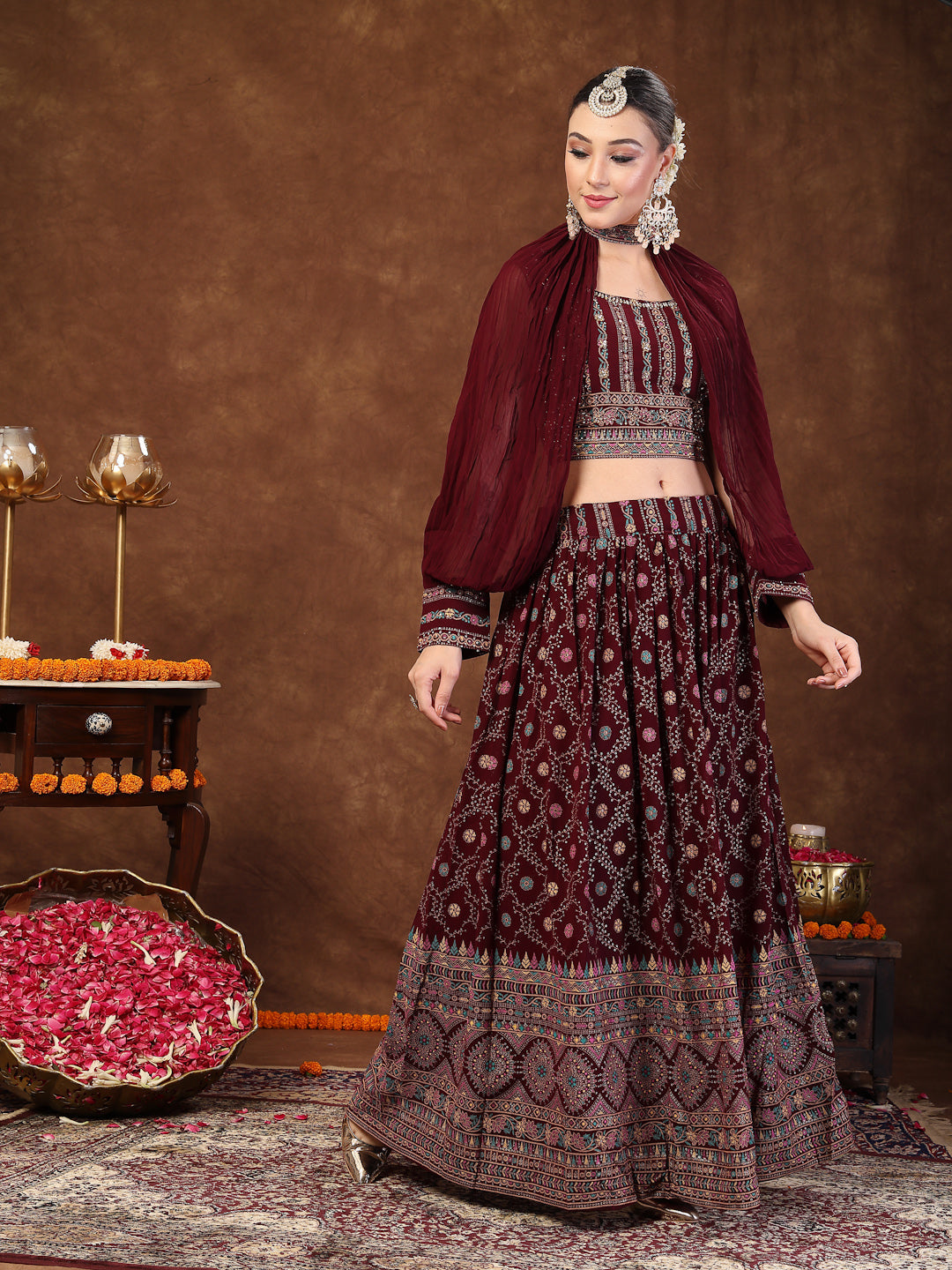 Wine Ethnic Motif Printed Georgette Lehenga & Blouse - Image 3