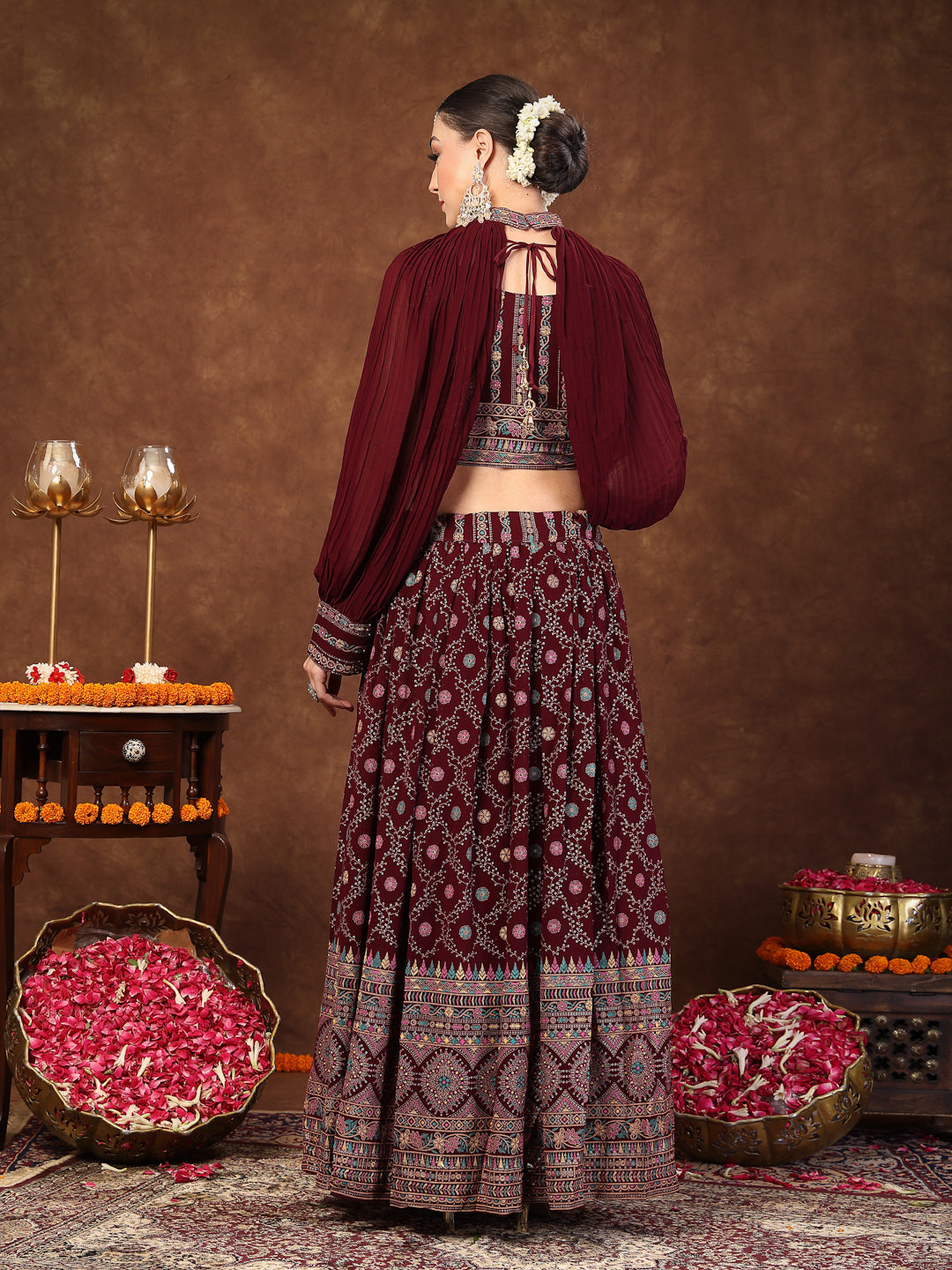 Wine Ethnic Motif Printed Georgette Lehenga & Blouse - Image 4