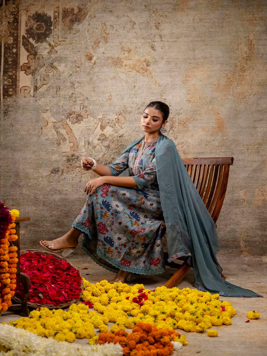 Embroidered Floral Round Neck Muslin Kurta & Pant With Dupatta - Image 5