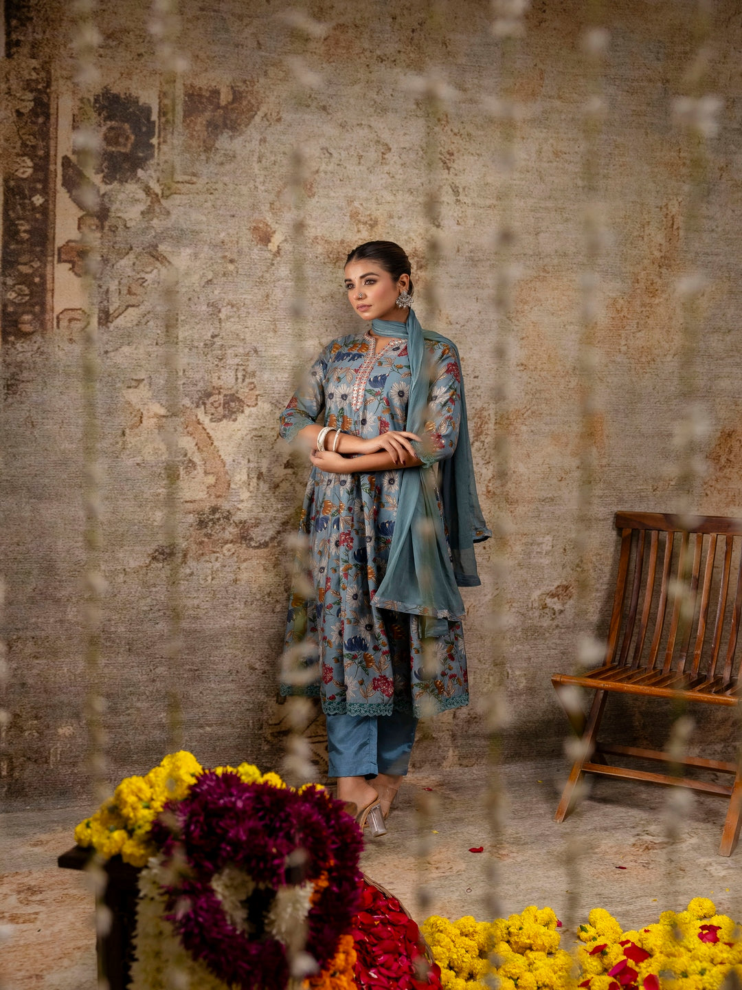 Embroidered Floral Round Neck Muslin Kurta & Pant With Dupatta - Image 6