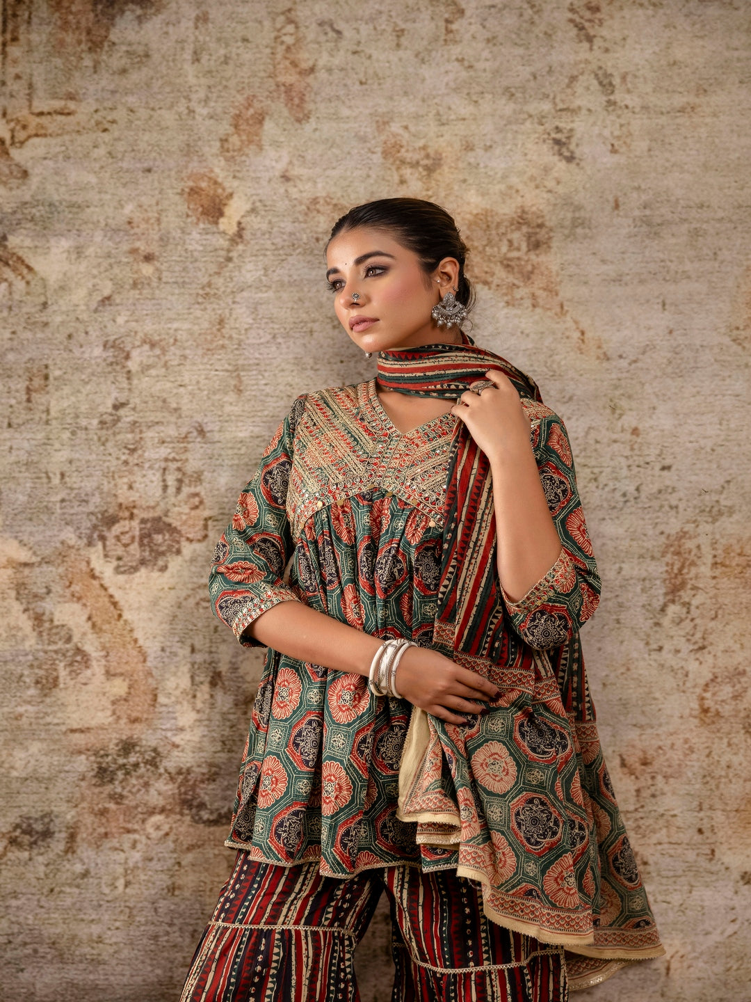 Red Embroidered V-Neck Calf Length Cotton Kurta & Sharara With Dupatta - Image 6