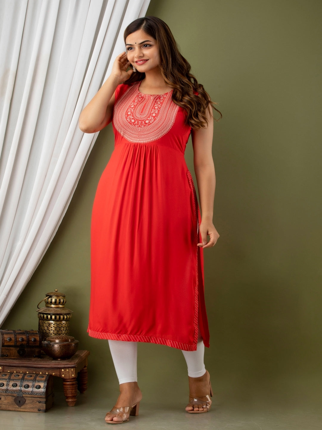 Rayon Calf Length Embroidered Straight Sleeveless Round Neck Kurta - Image 3