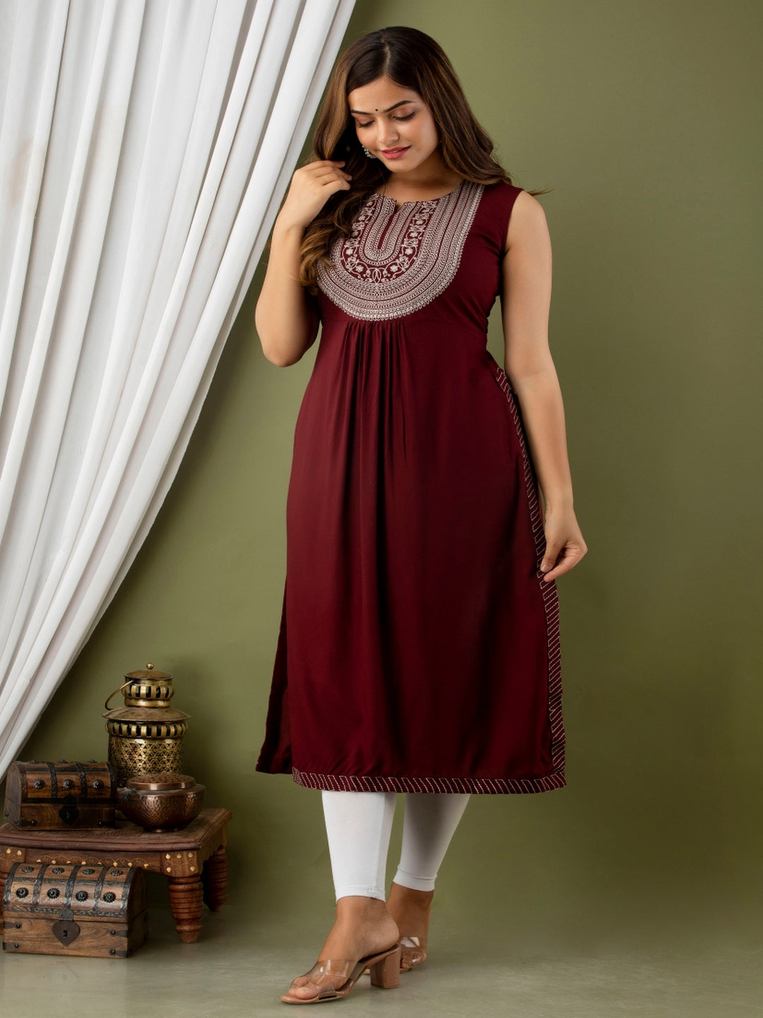 Rayon Calf Length Embroidered Straight Sleeveless Round Neck Kurta - Image 8