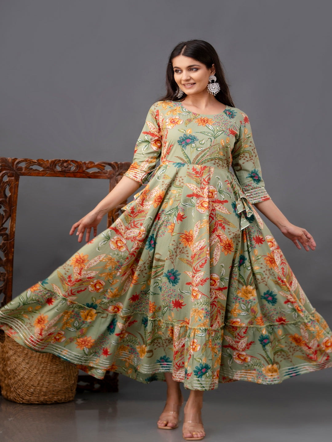 Cotton Calf Length Printed Flared 3/4 Sleeve Round Neck Kurta - Image 10