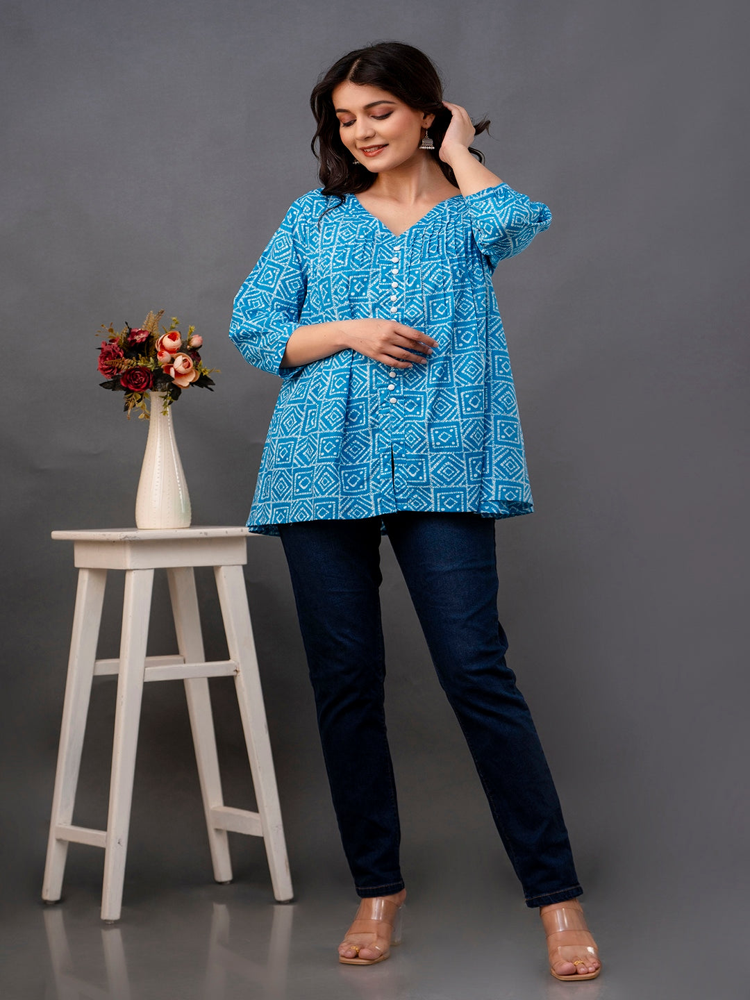 Printed 3/4 Sleeves Regular Pure Cotton Top - Image 2