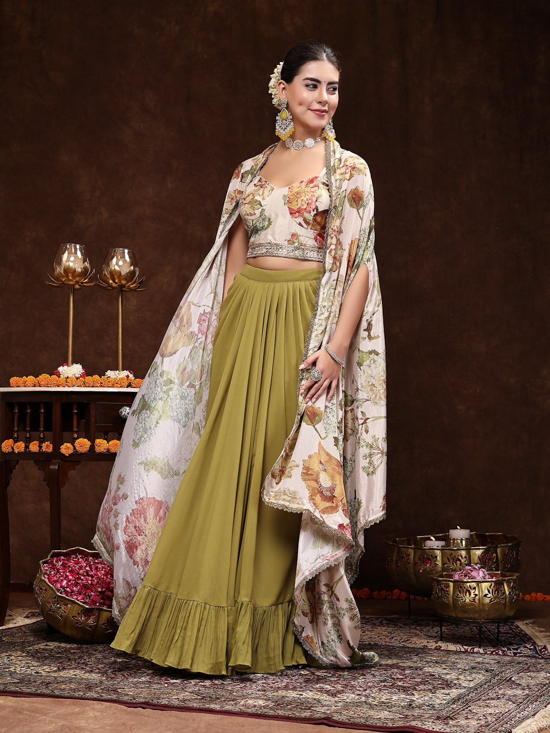 Mehandi Printed Party Wear Georgette Skirt & Blouse With Jacket