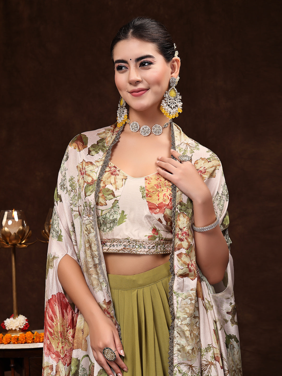 Mehandi Printed Party Wear Georgette Skirt & Blouse With Jacket - Image 2