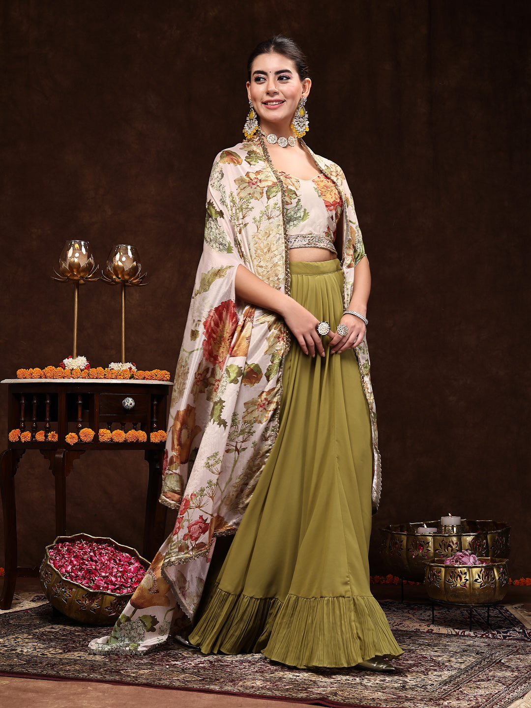 Mehandi Printed Party Wear Georgette Skirt & Blouse With Jacket - Image 3