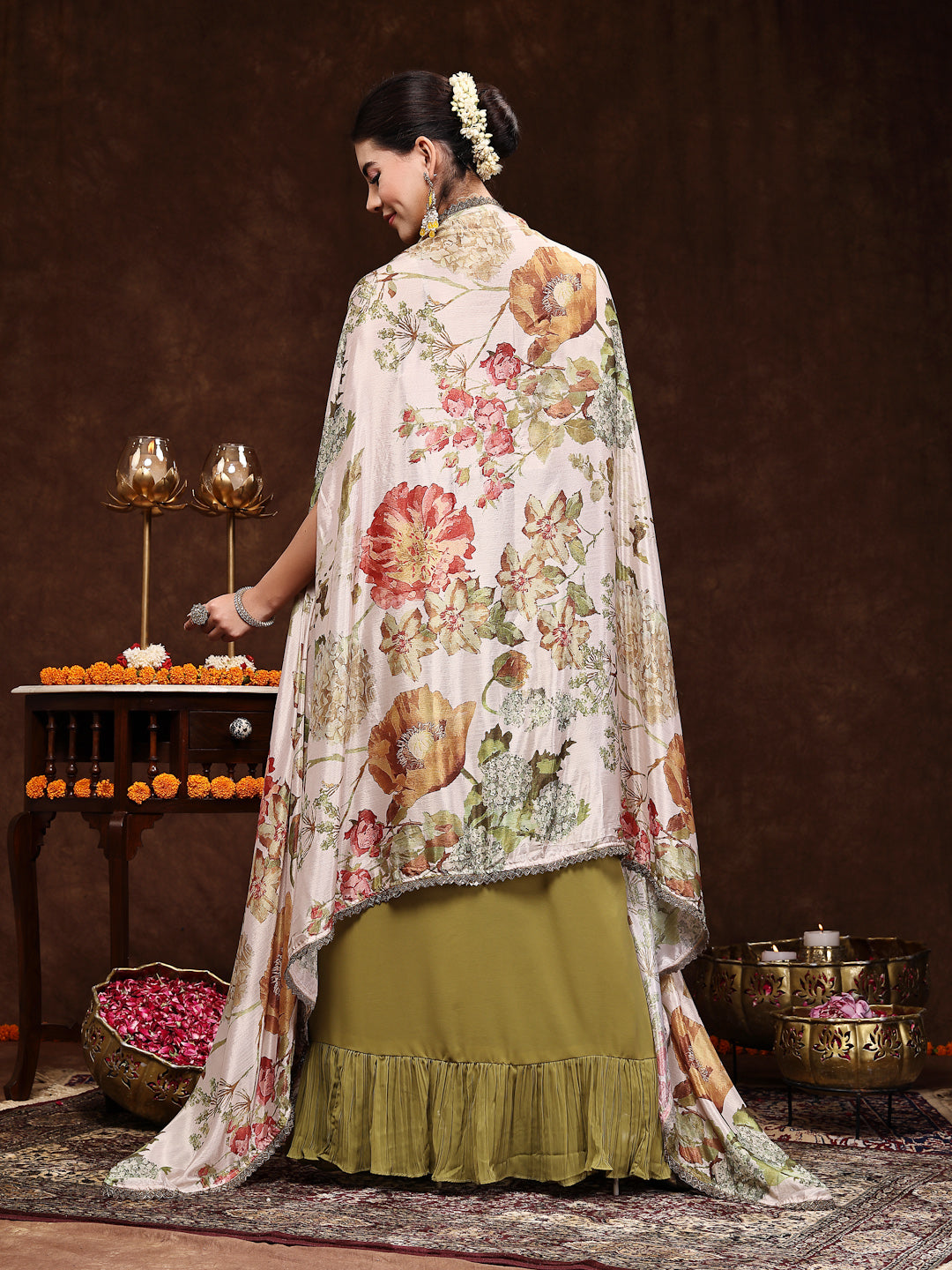 Mehandi Printed Party Wear Georgette Skirt & Blouse With Jacket - Image 4