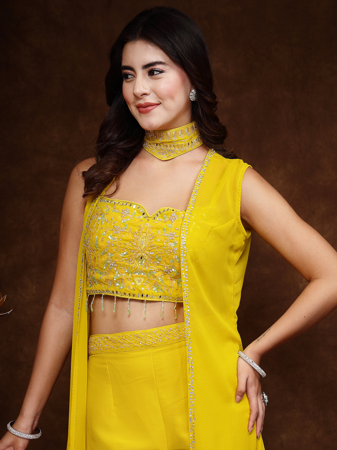 Mustard Embellished Party Wear Georgette Palazzo & Blouse With Jacket - Image 2