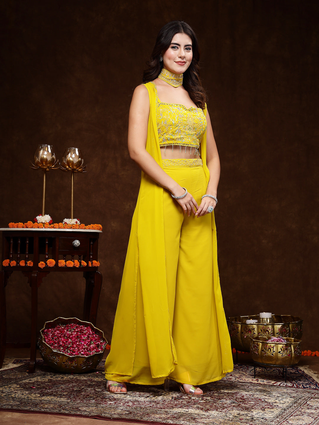 Mustard Embellished Party Wear Georgette Palazzo & Blouse With Jacket - Image 3