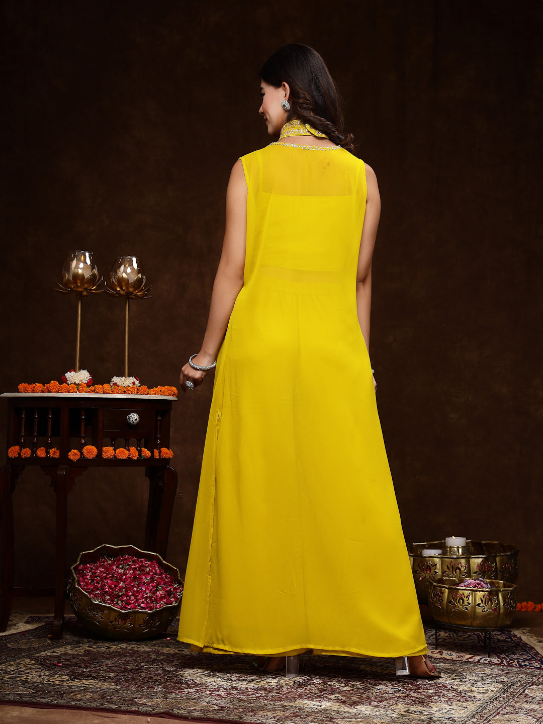 Mustard Embellished Party Wear Georgette Palazzo & Blouse With Jacket - Image 4