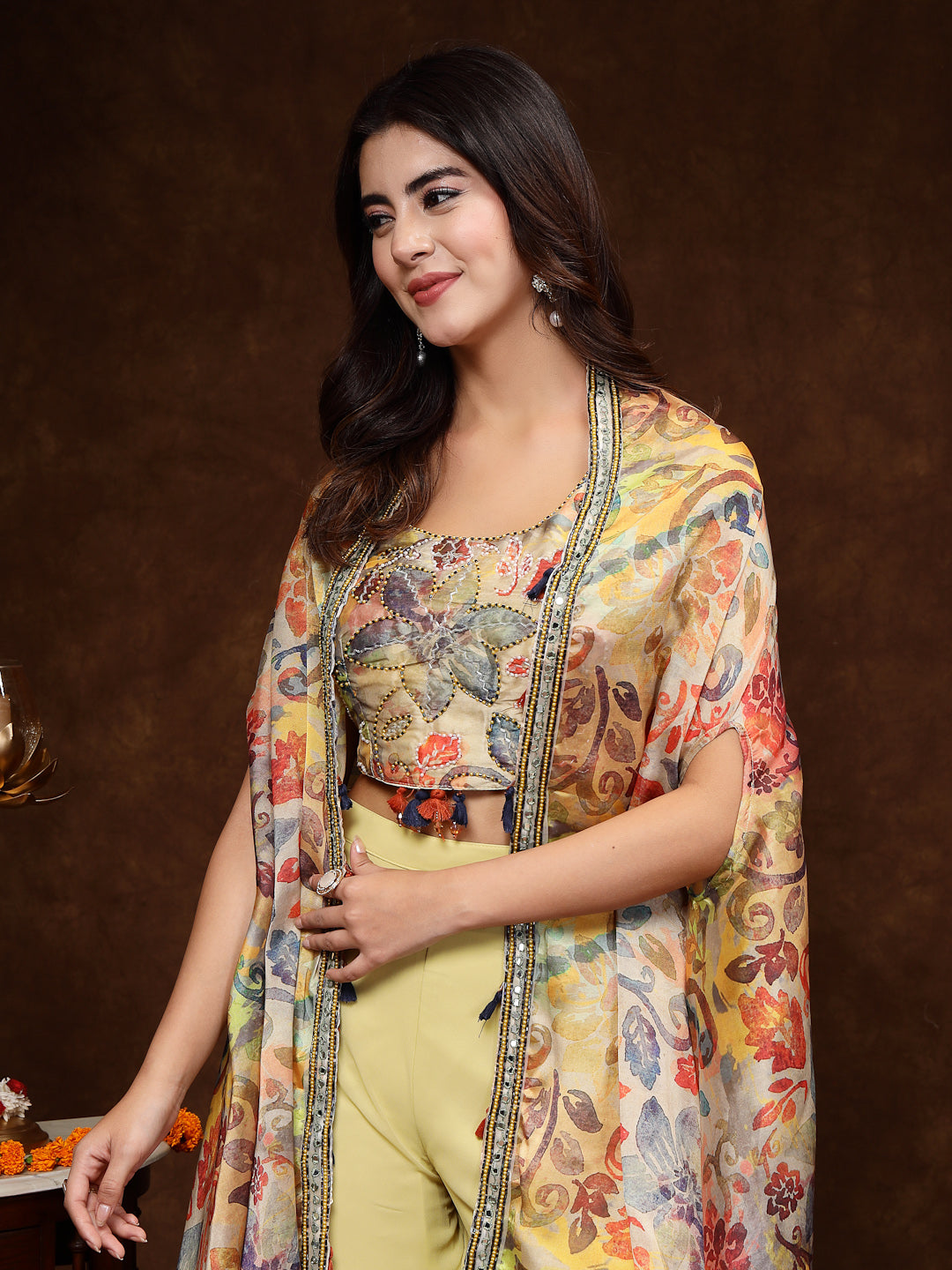 Beige Printed Party Wear Georgette Palazzo & Blouse With Jacket - Image 2