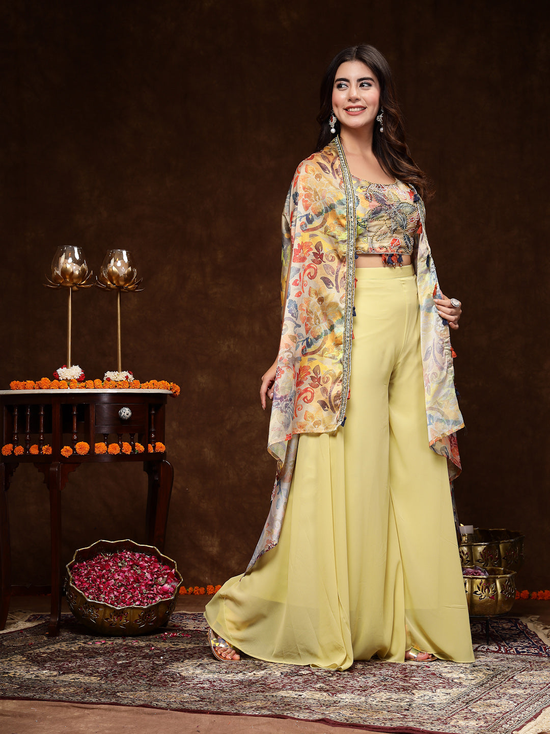 Beige Printed Party Wear Georgette Palazzo & Blouse With Jacket - Image 3