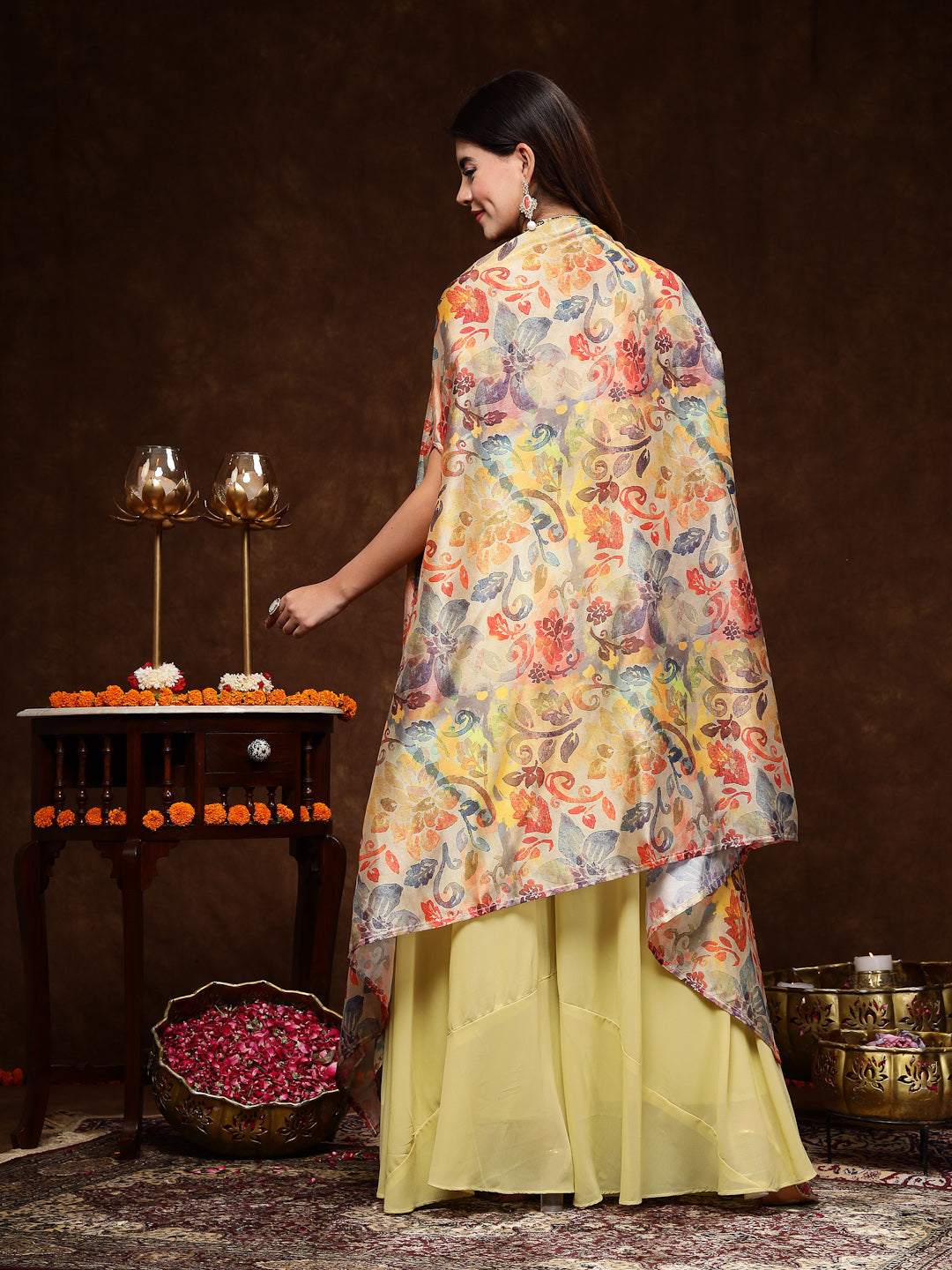 Beige Printed Party Wear Georgette Palazzo & Blouse With Jacket - Image 4