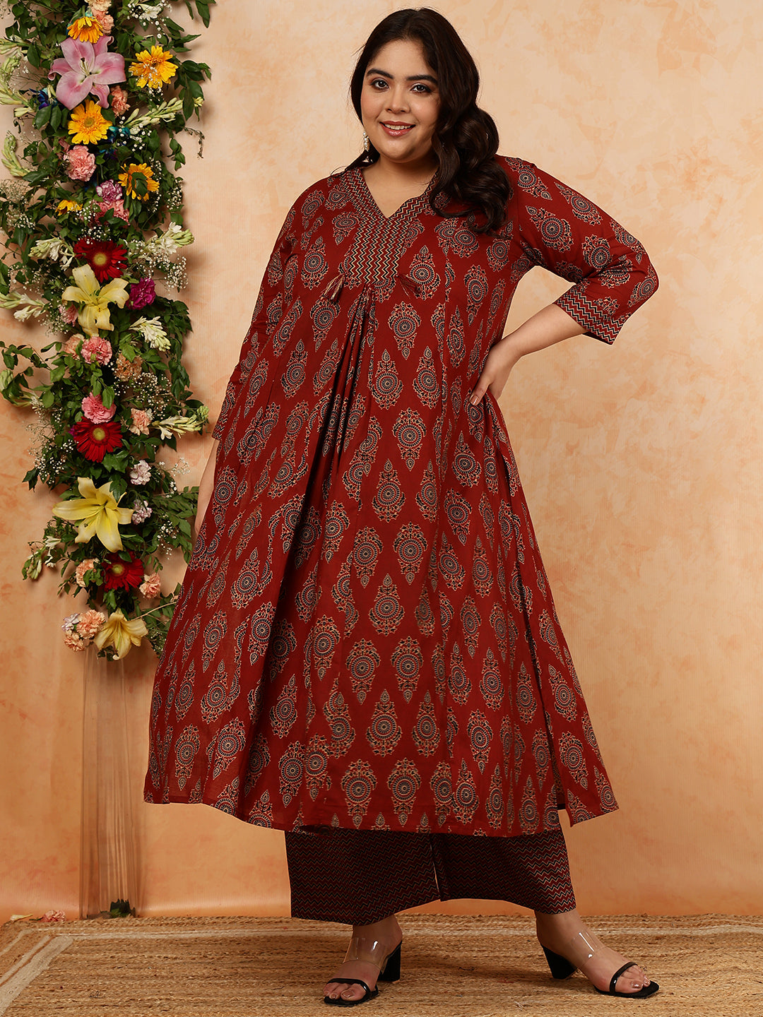 Cotton Calf Length Printed Semi-Flared 3/4 Sleeves V-Neck Kurta, Bottom With Dupatta - Image 3