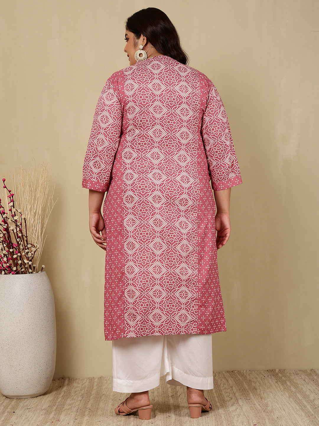 Cotton Calf Length Printed Straight 3/4 Sleeves Mandarin Kurta - Image 5