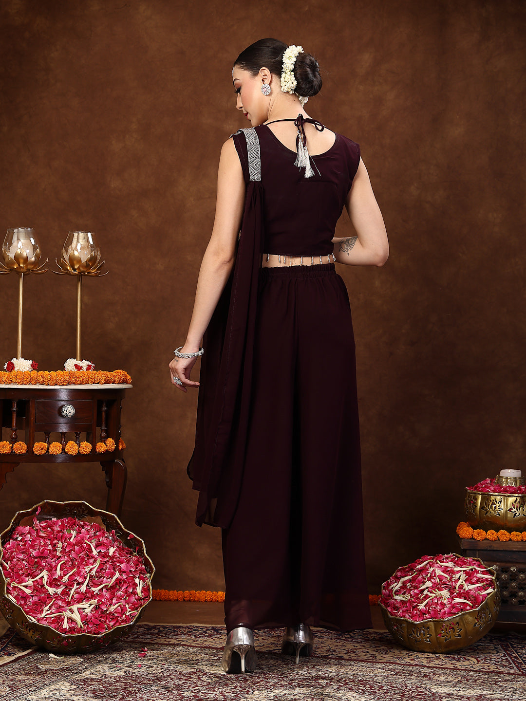 Wine Embellished Party Wear Georgette Palazzo & Blouse With Dupatta - Image 4