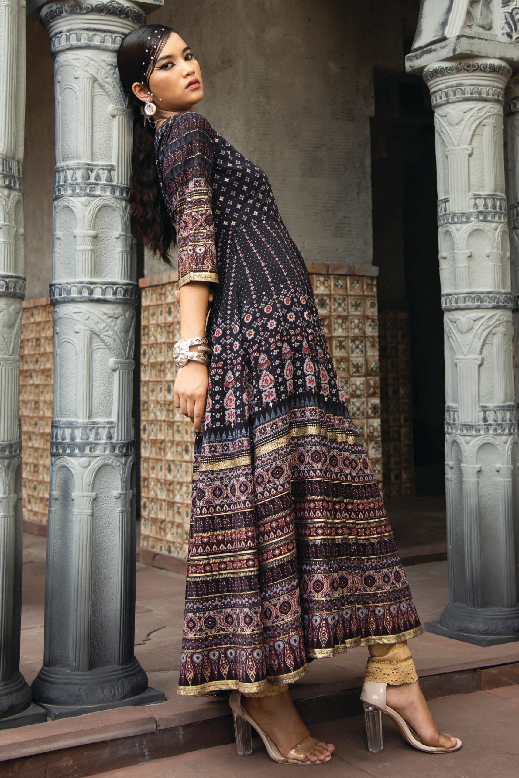 Black Georgette Festive Printed Flared Anarkali Kurta - Image 2