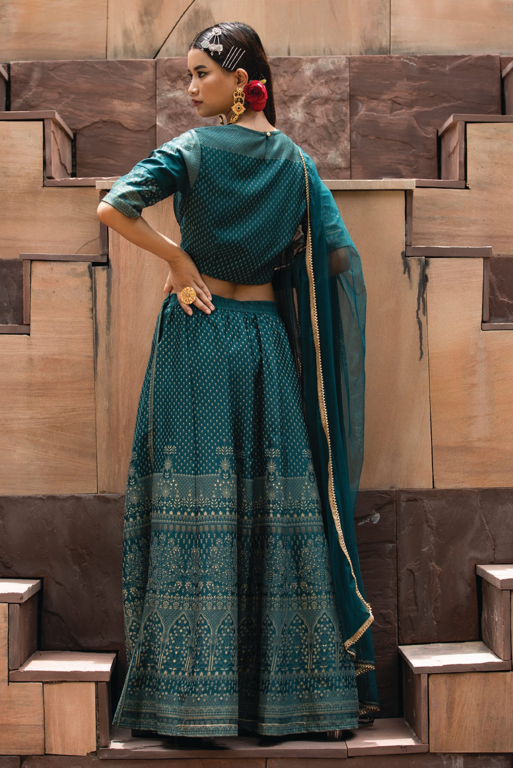 Teal Dull Satin Festive Embroidered Printed Crop Lehenga Choli Dupatta Set - Image 2