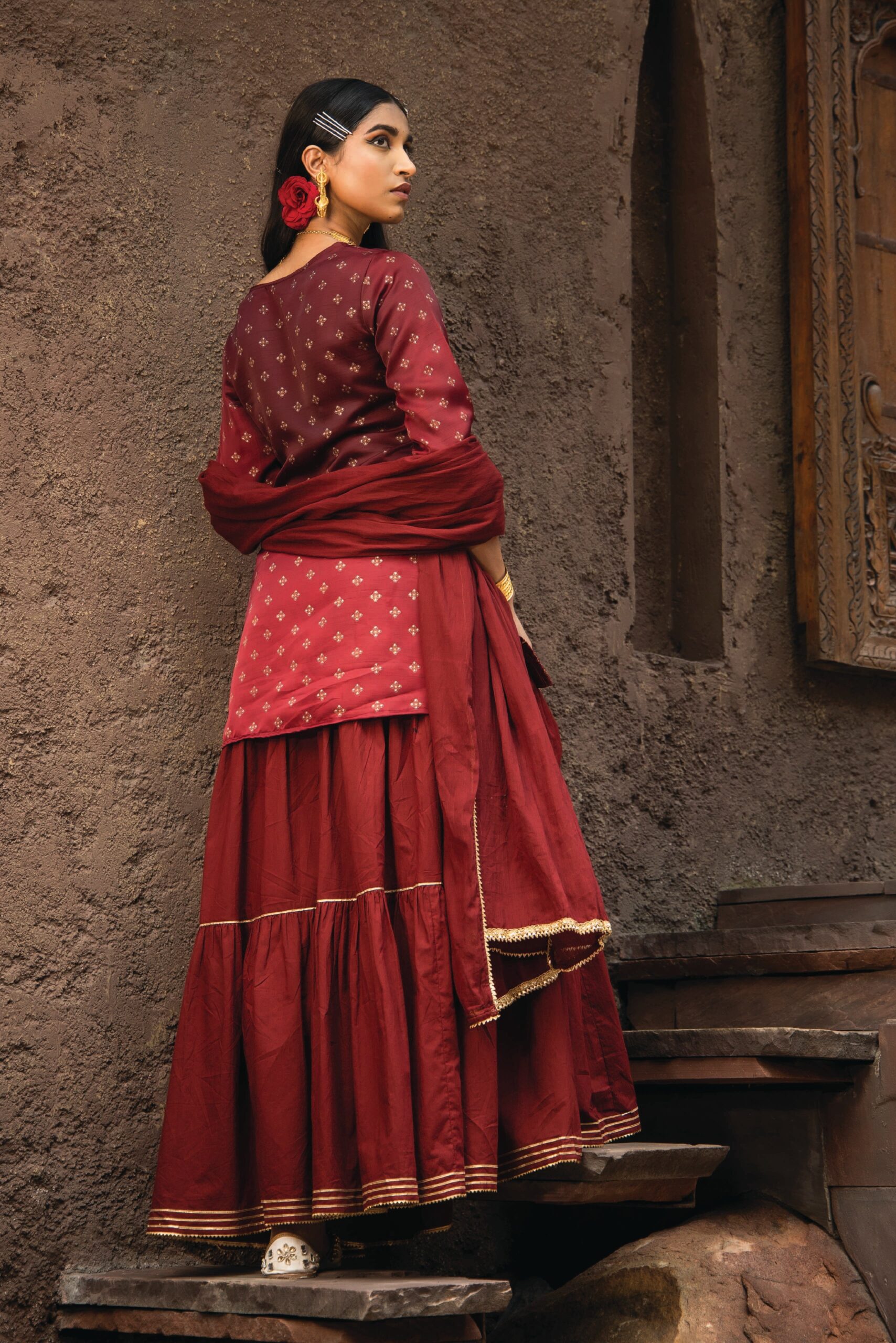 Maroon Satin Slub Festive Embroidered Printed Straight Kurta Skirt Dupatta Set - Image 2