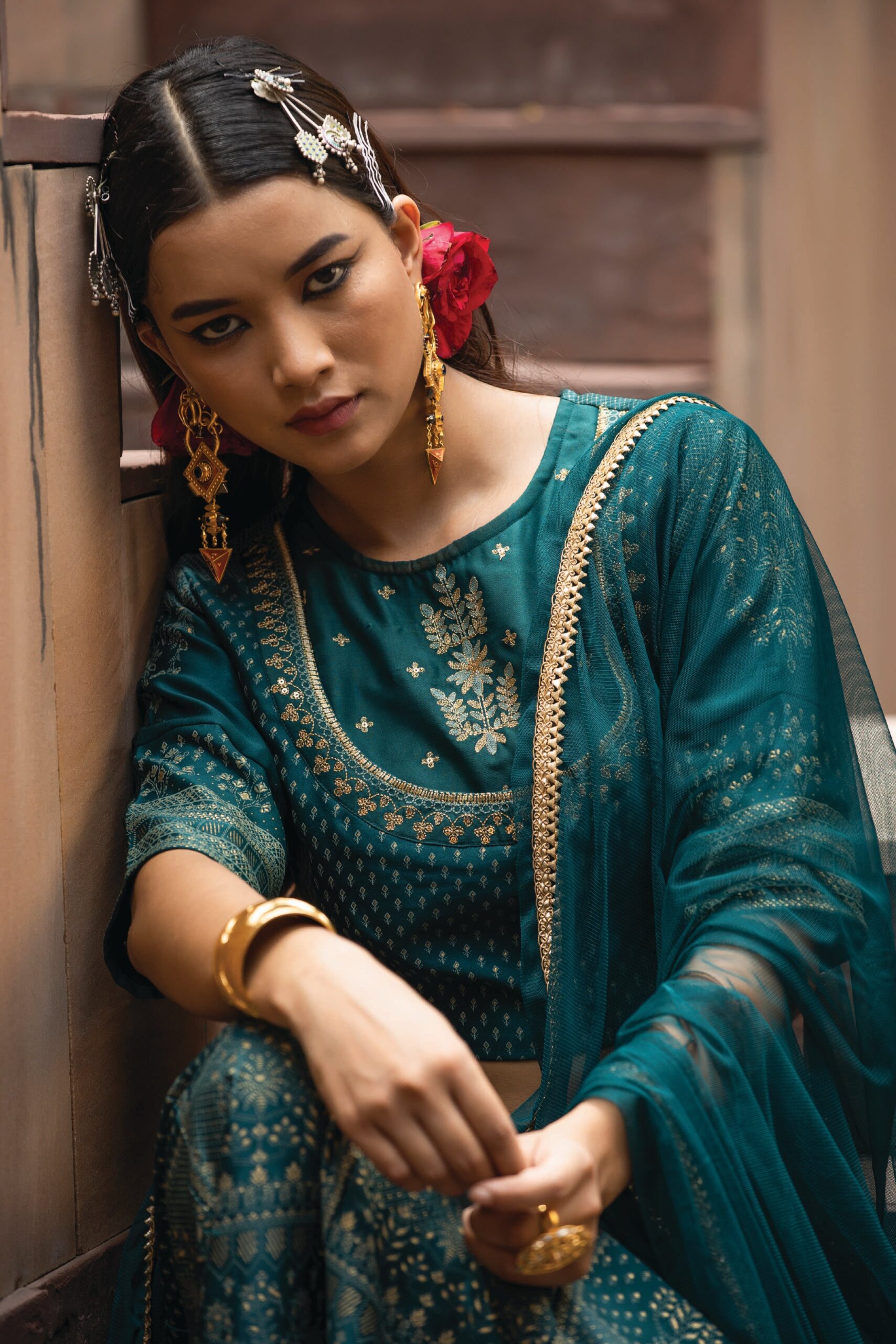 Teal Dull Satin Festive Embroidered Printed Crop Lehenga Choli Dupatta Set - Image 5