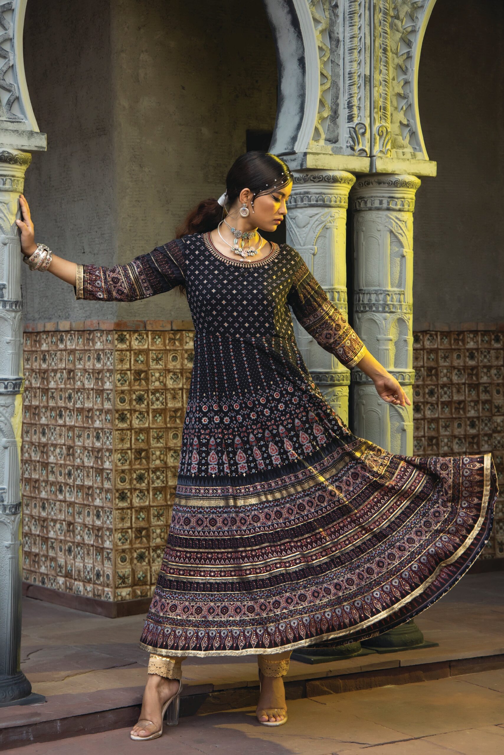 Black Georgette Festive Printed Flared Anarkali Kurta - Image 5