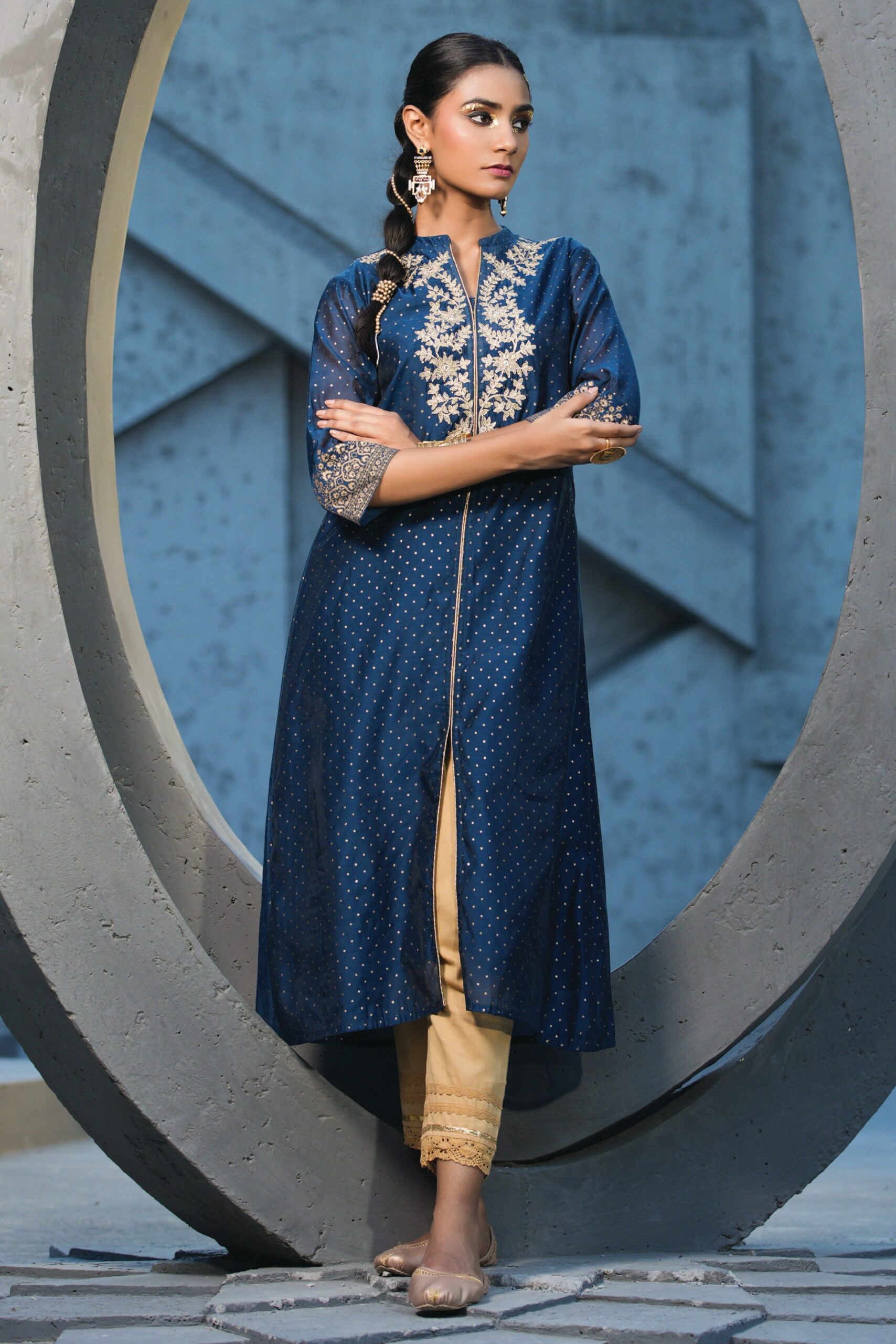 Blue Chanderi Festive Embroidered Polka Dot Printed A-Line Kurta - Image 2