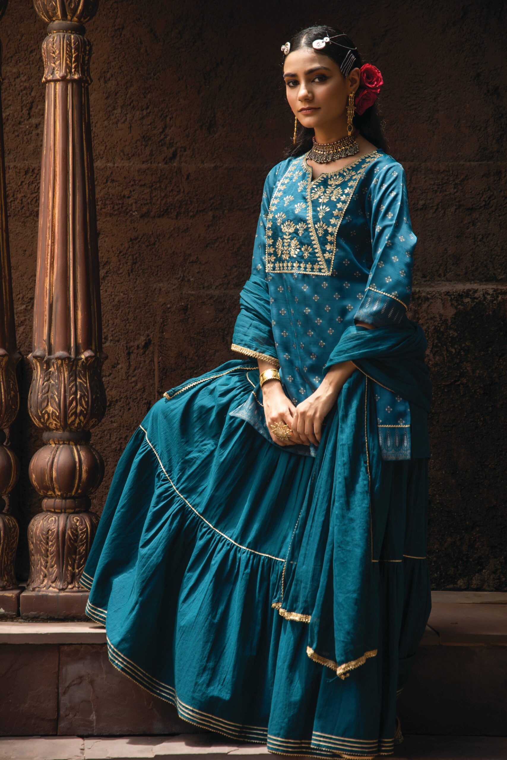 Teal Satin Slub Festive Embroidered Printed Straight Kurta Skirt Dupatta - Image 4