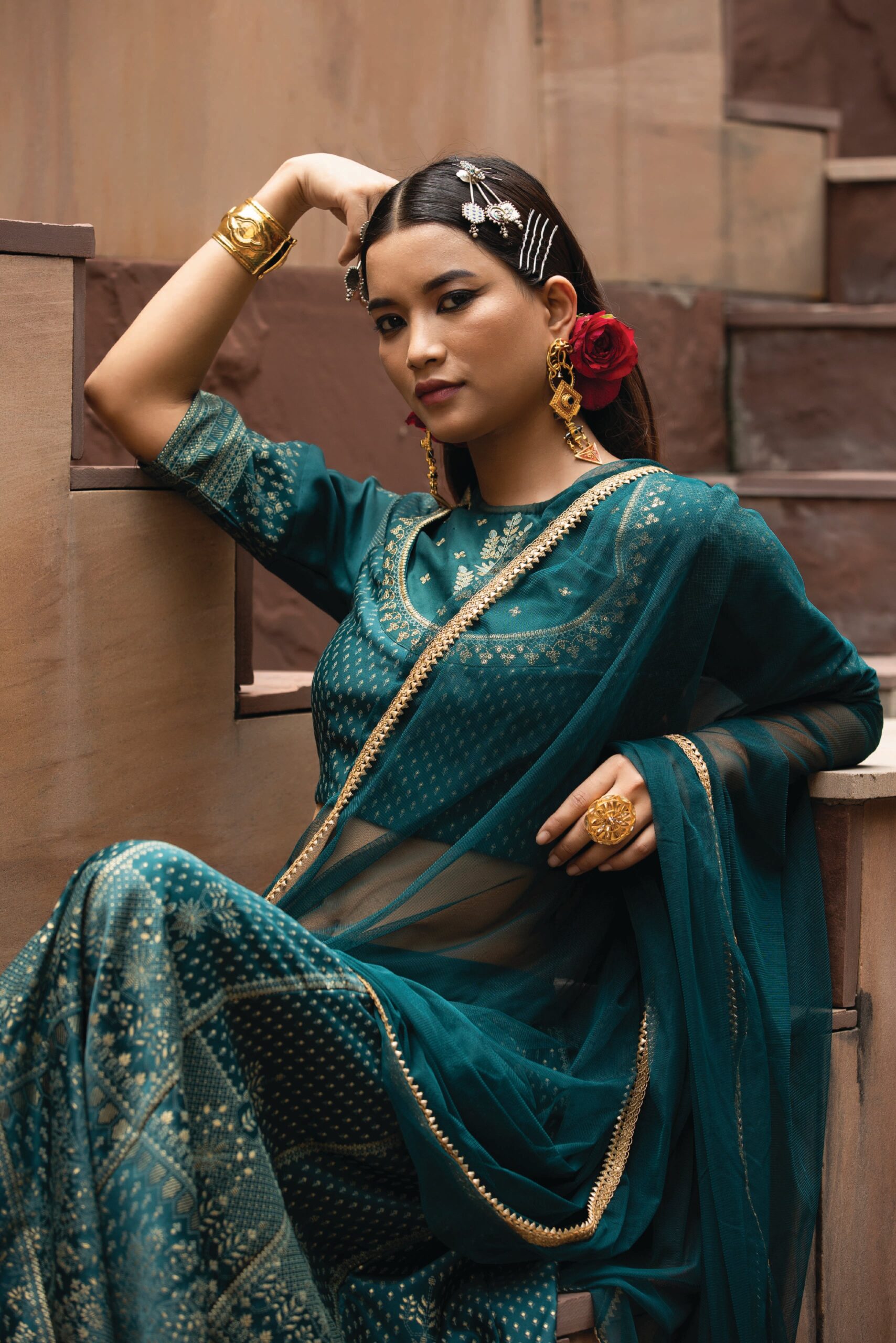 Teal Dull Satin Festive Embroidered Printed Crop Lehenga Choli Dupatta Set - Image 3