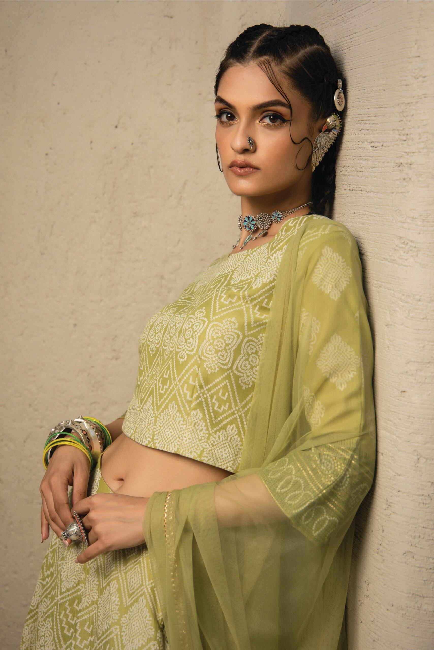 Green Santoon Slub Festive Foil Print Straight Lehenga Choli Set - Image 5