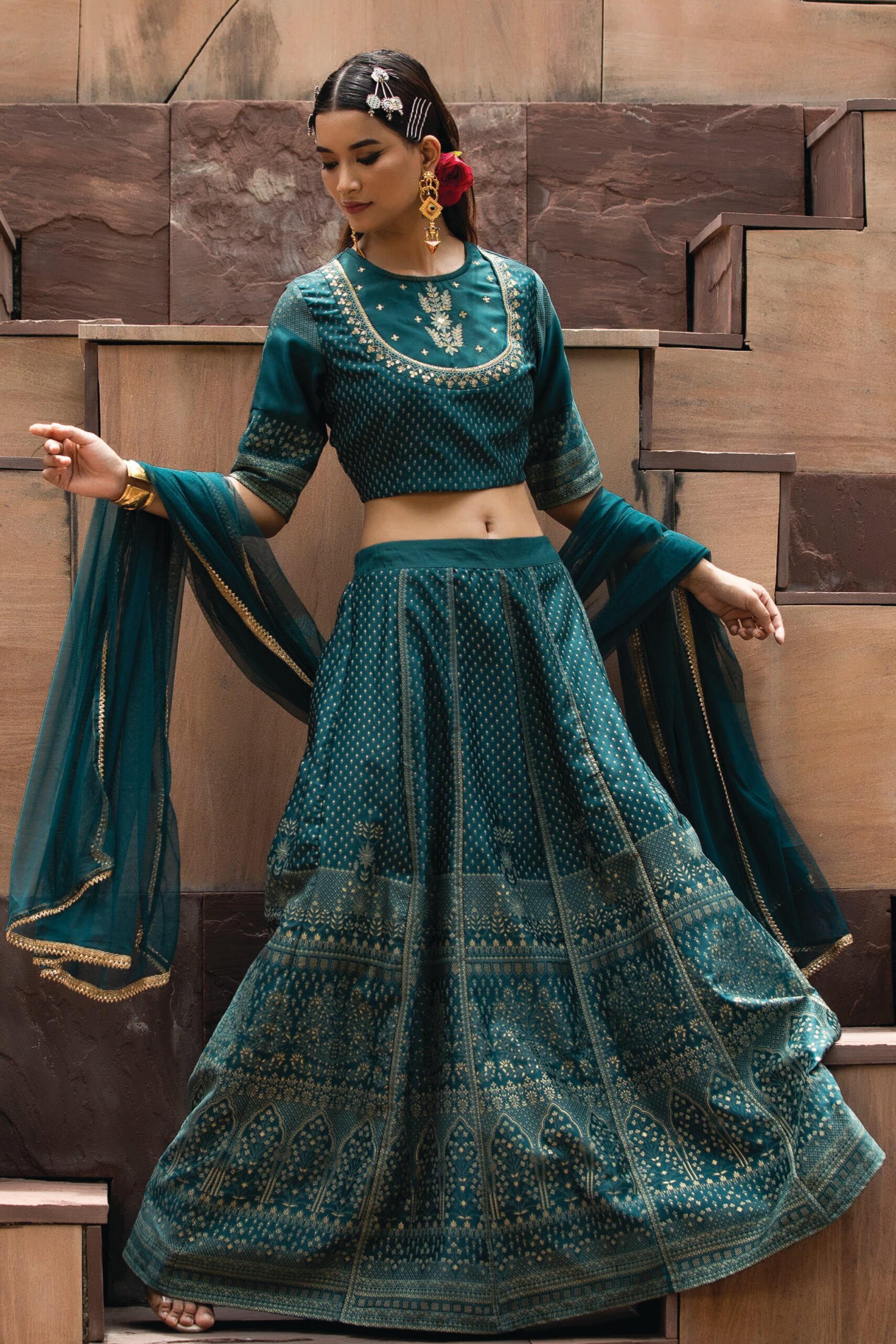 Teal Dull Satin Festive Embroidered Printed Crop Lehenga Choli Dupatta Set - Image 4
