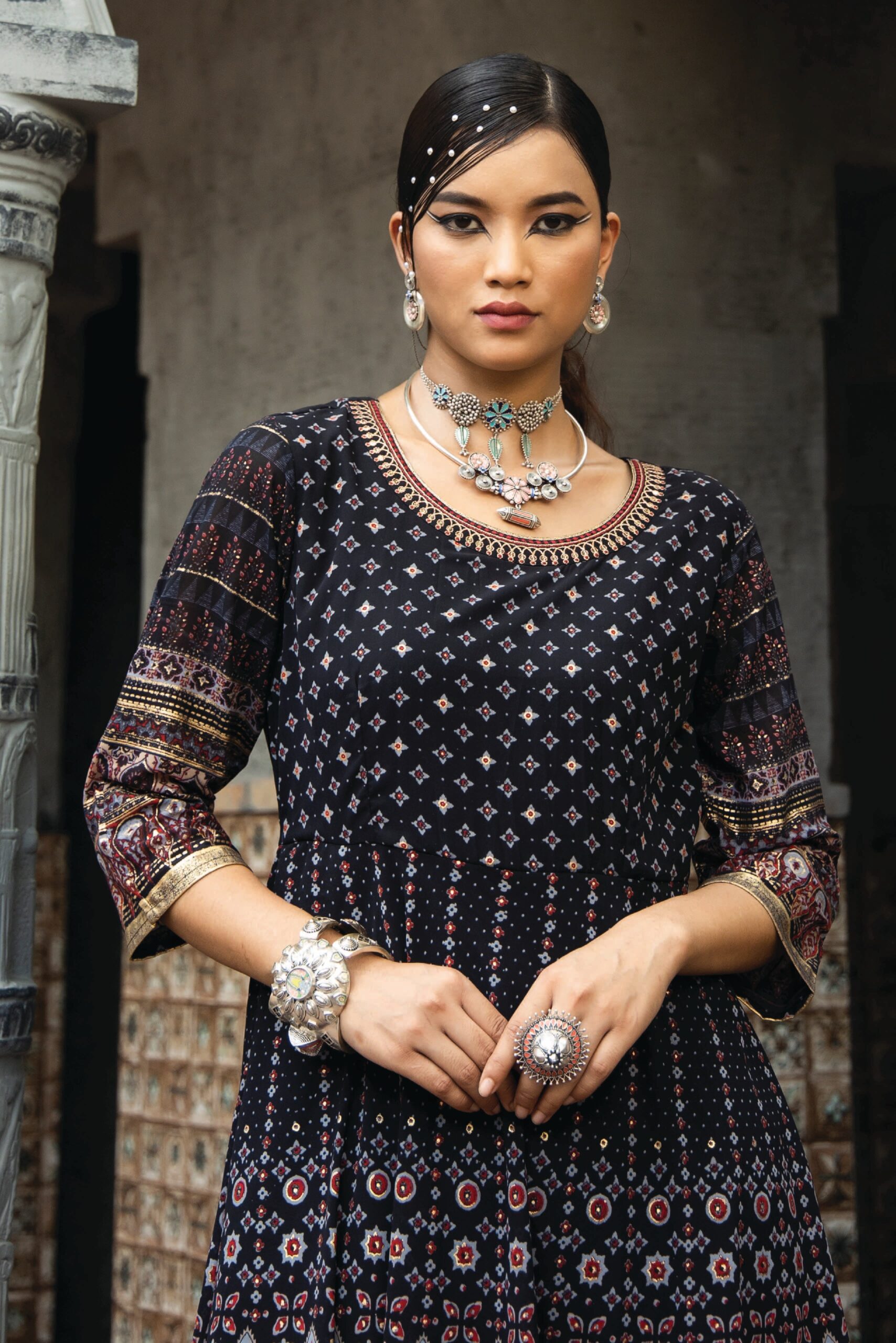 Black Georgette Festive Printed Flared Anarkali Kurta - Image 3