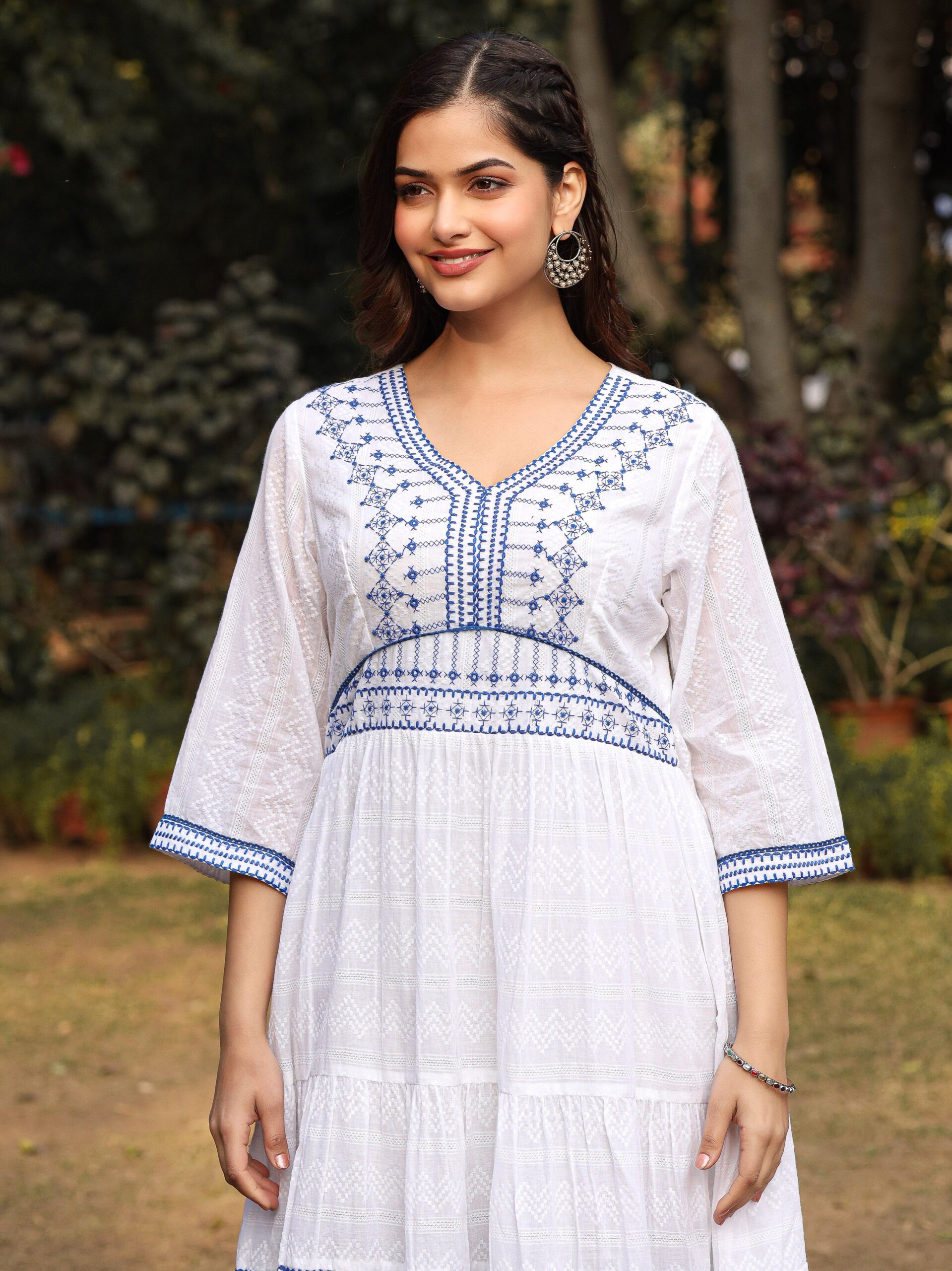 White Geometric Embroidered Cotton Dobby Short Dress - Image 3