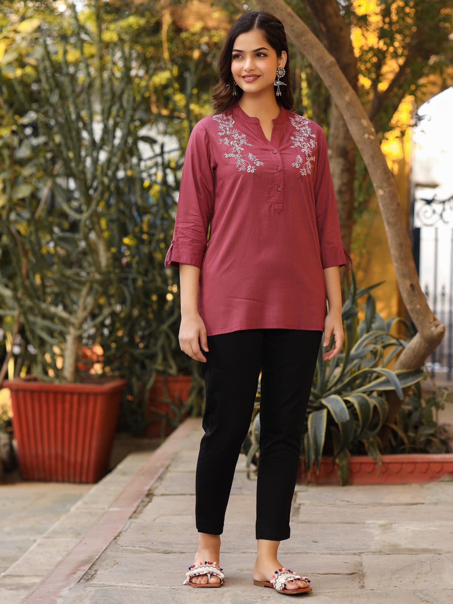 Onion Pink Modal Rayon Embroidered Tunic - Image 2