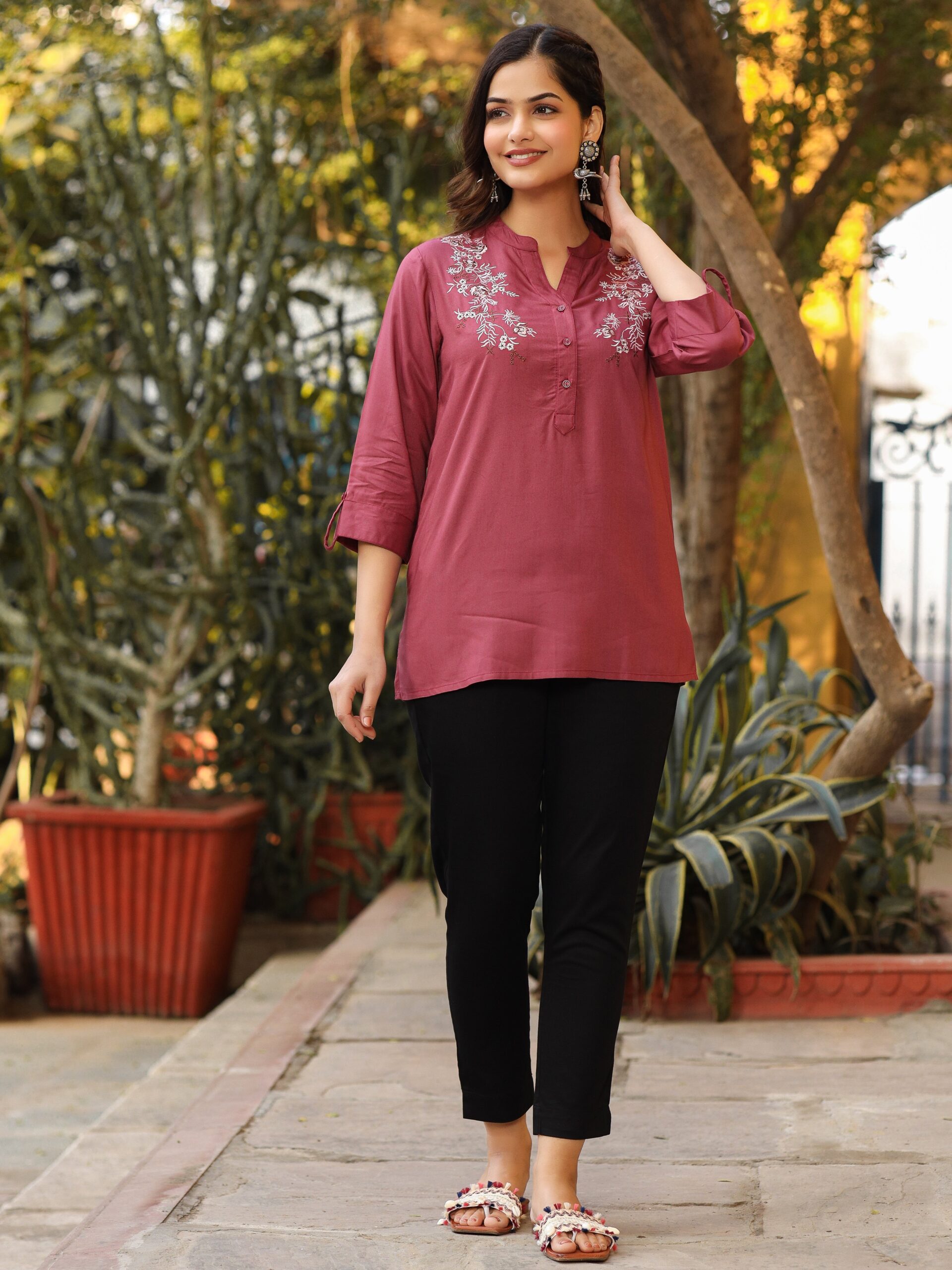Onion Pink Modal Rayon Embroidered Tunic - Image 3