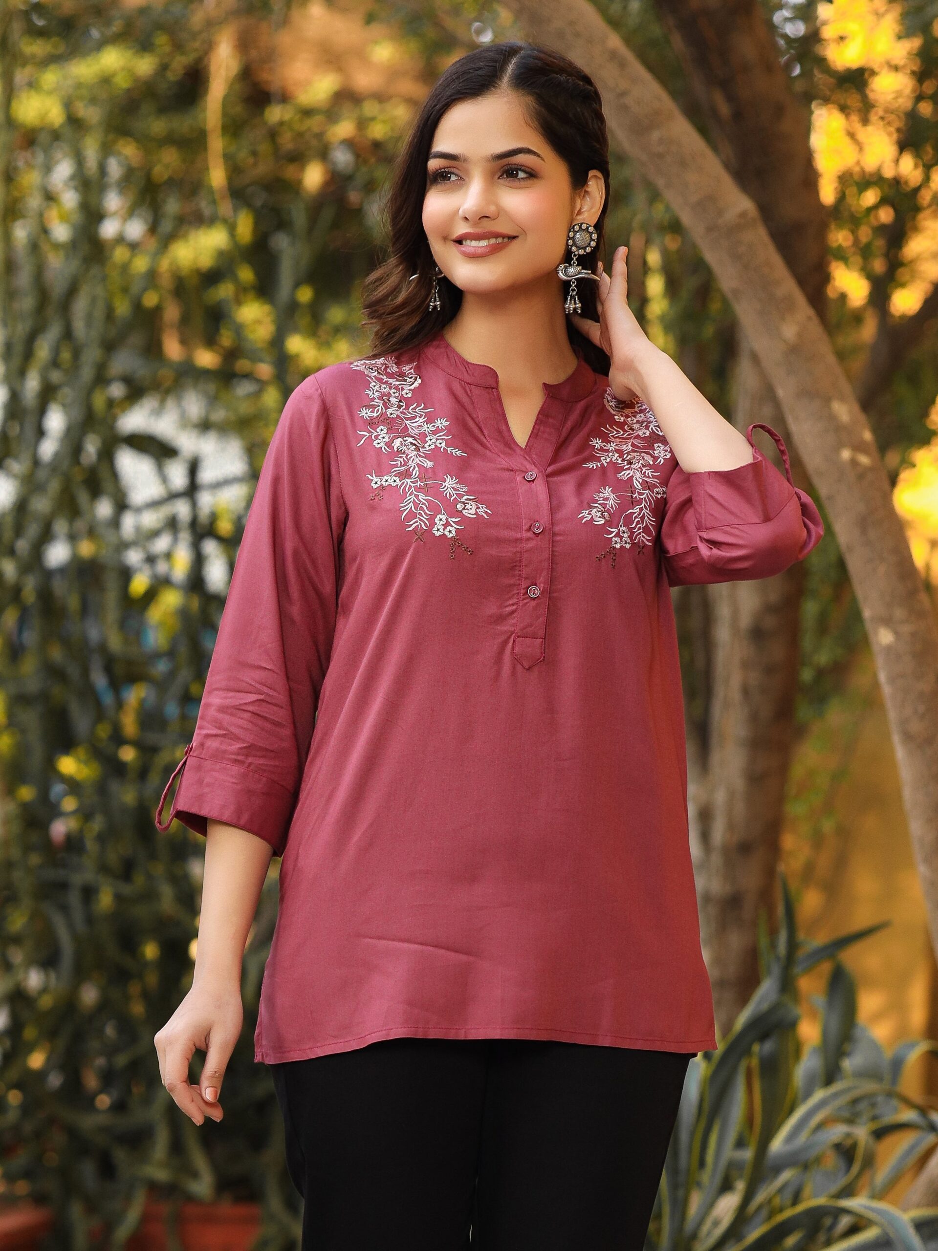 Onion Pink Modal Rayon Embroidered Tunic - Image 4