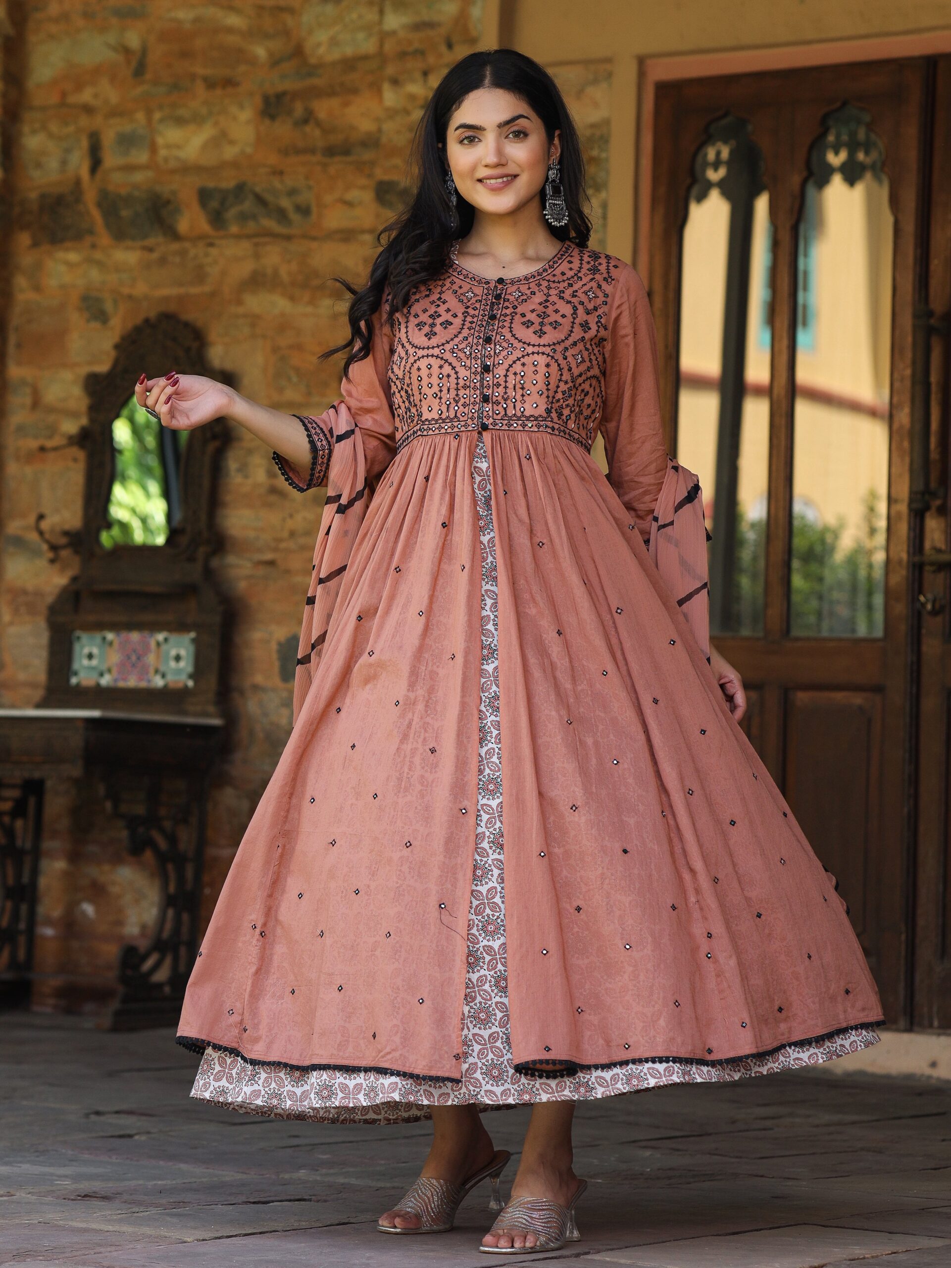 Onion Pink & Black Cotton Embroidered Anarkali Dress With Jacket & Tie-Dye Dupatta