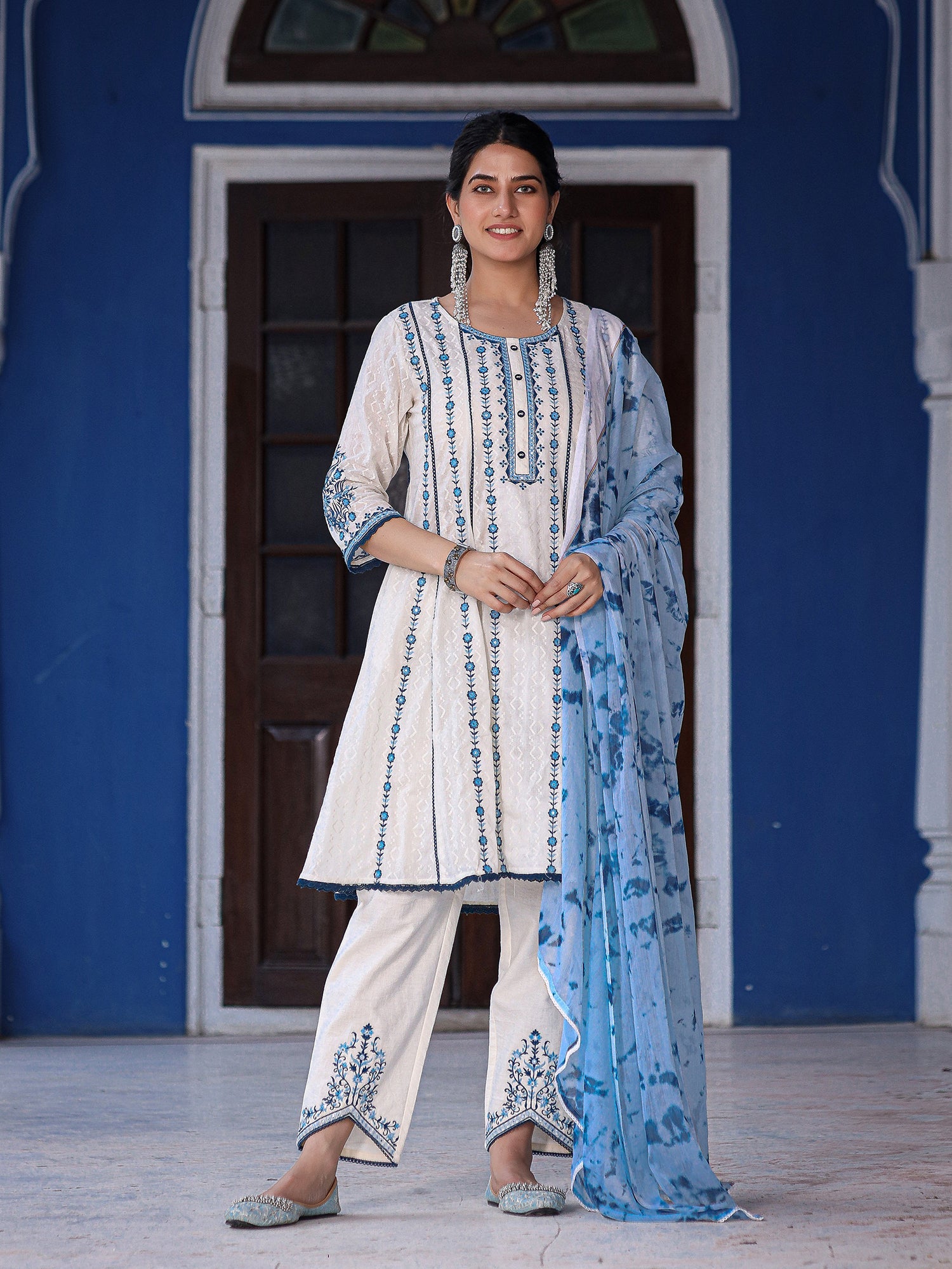 White & Blue Cotton Dobby Thread Embroidered Kurta With Pants Set With Chiffon Dupatta - Image 3