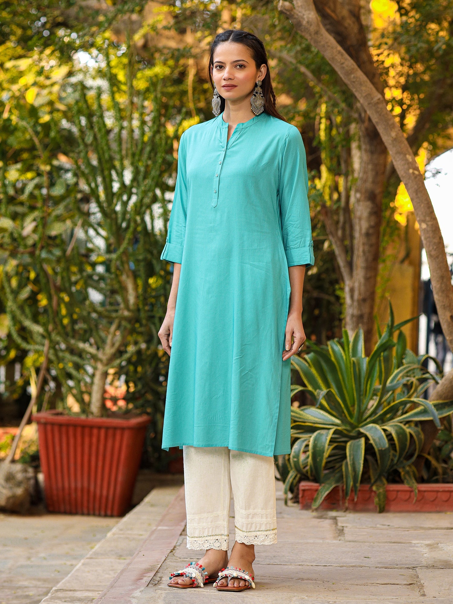 The Mishri Solid Teal Modal Rayon Kurta - Image 3