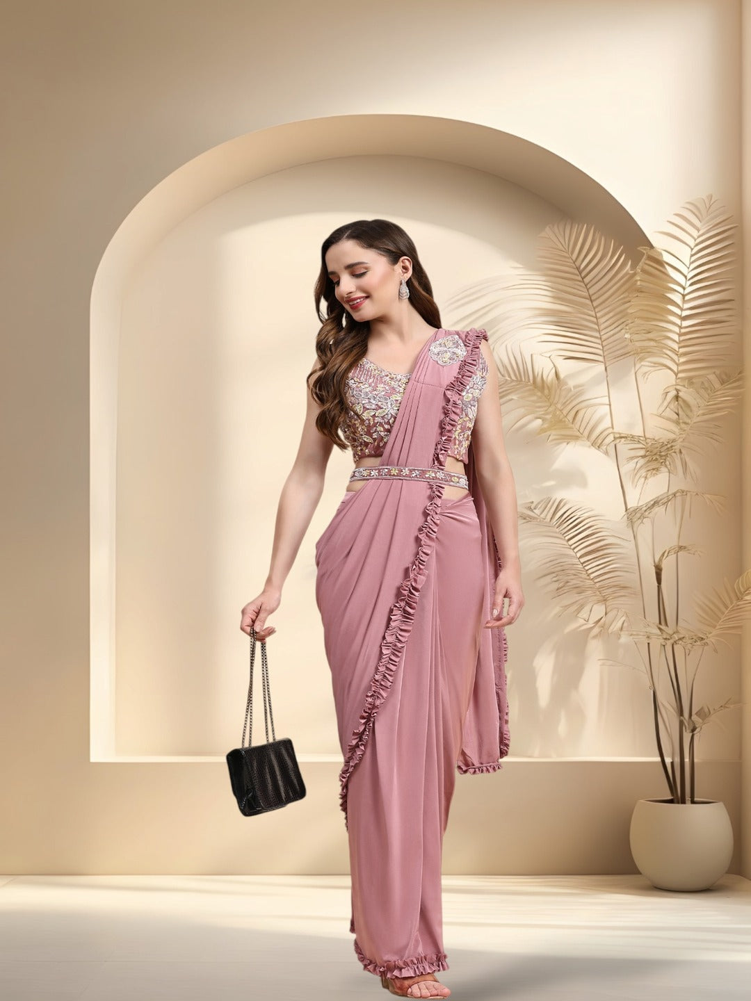 Mauve Party Wear Patchwork & Ruffled Ready To Wear Lycra Saree - Image 2